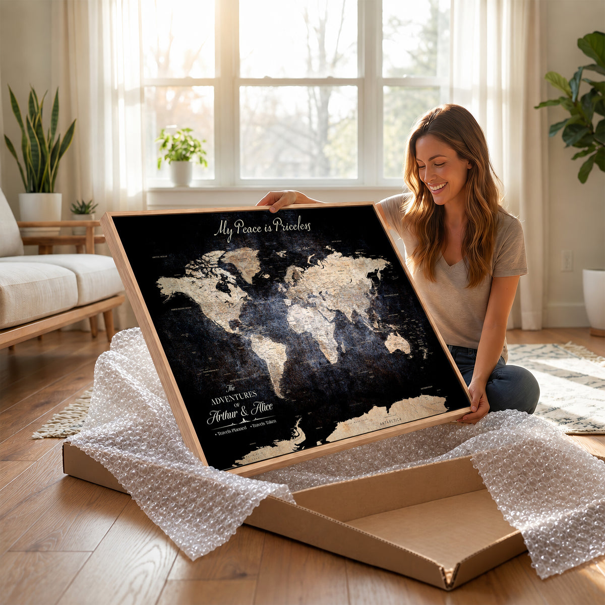 38689152-MGV-CV-36X24 - Personalized Beige World Map Canvas with Push Pins, Couples Countries Visited Map, Study and Hallway Decor