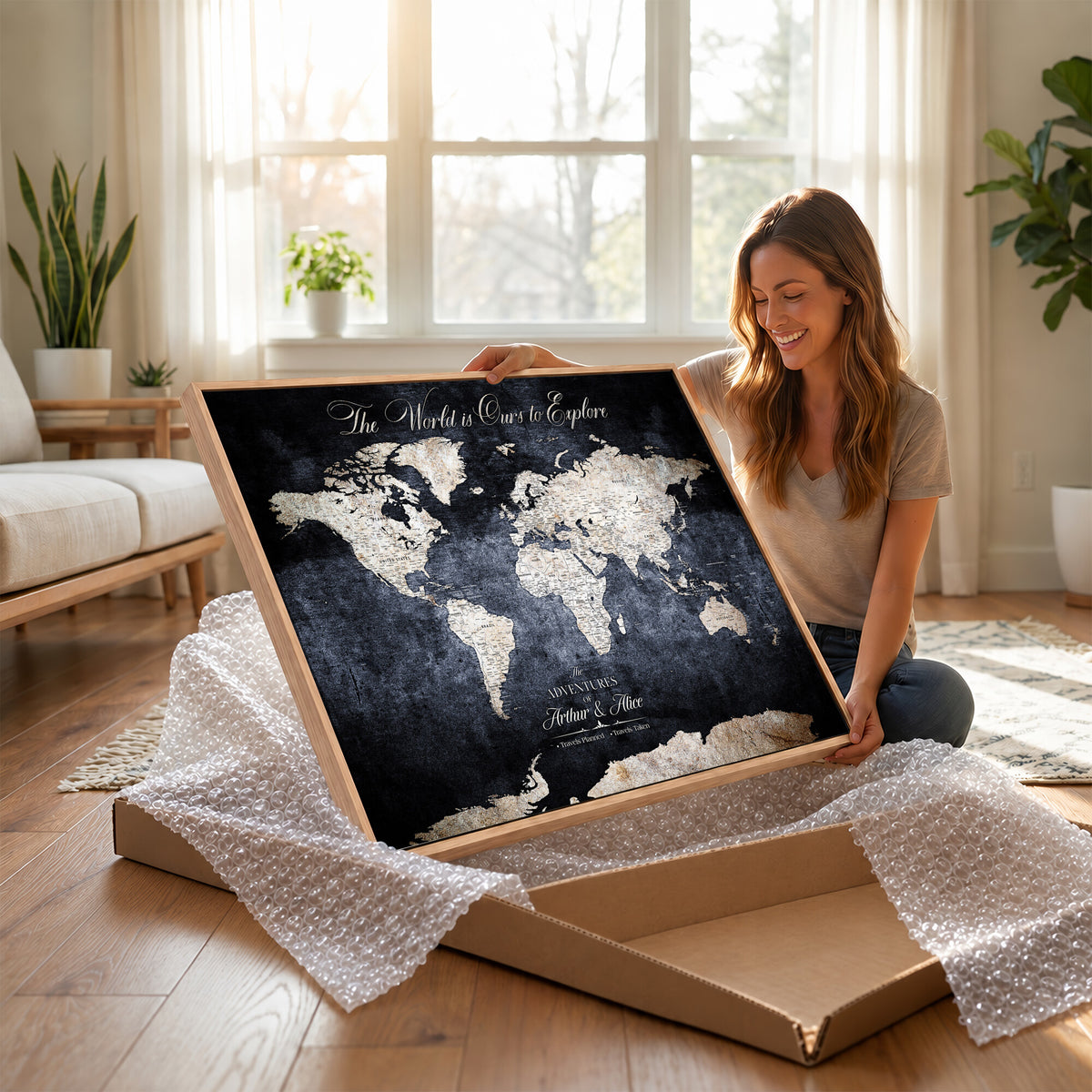 78489746-MGV-CV-36X24 - Custom Push Pin World Map Wall Art Canvas Print | Personalized Travel Tracker with Pins Framed Large for Home and Office Decor
