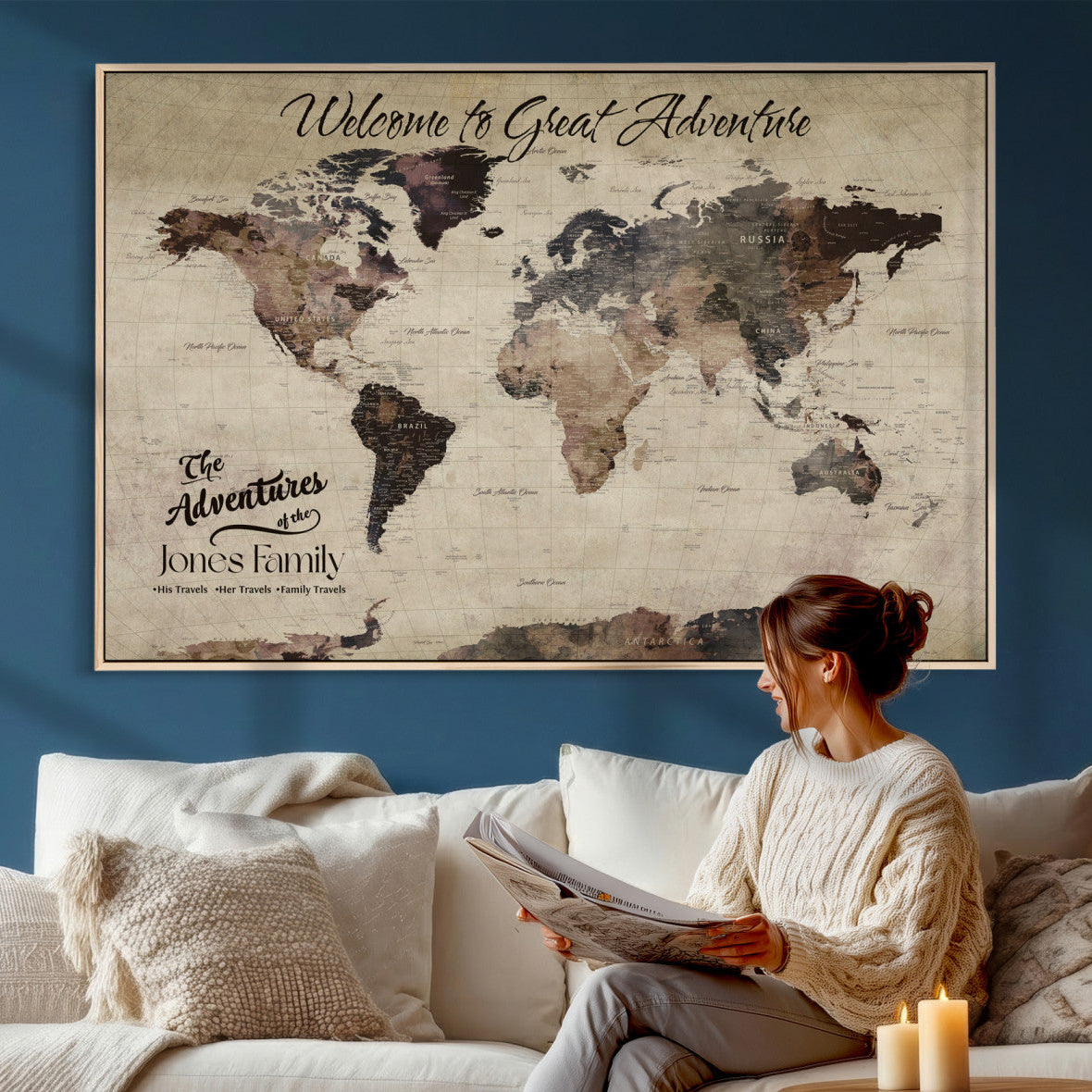 25688366-MGV-CV-36X24 - Custom Push Pin World Map Wall Art Canvas Print – Personalized Travel Tracker with Pins Framed Large for Home and Office Decor