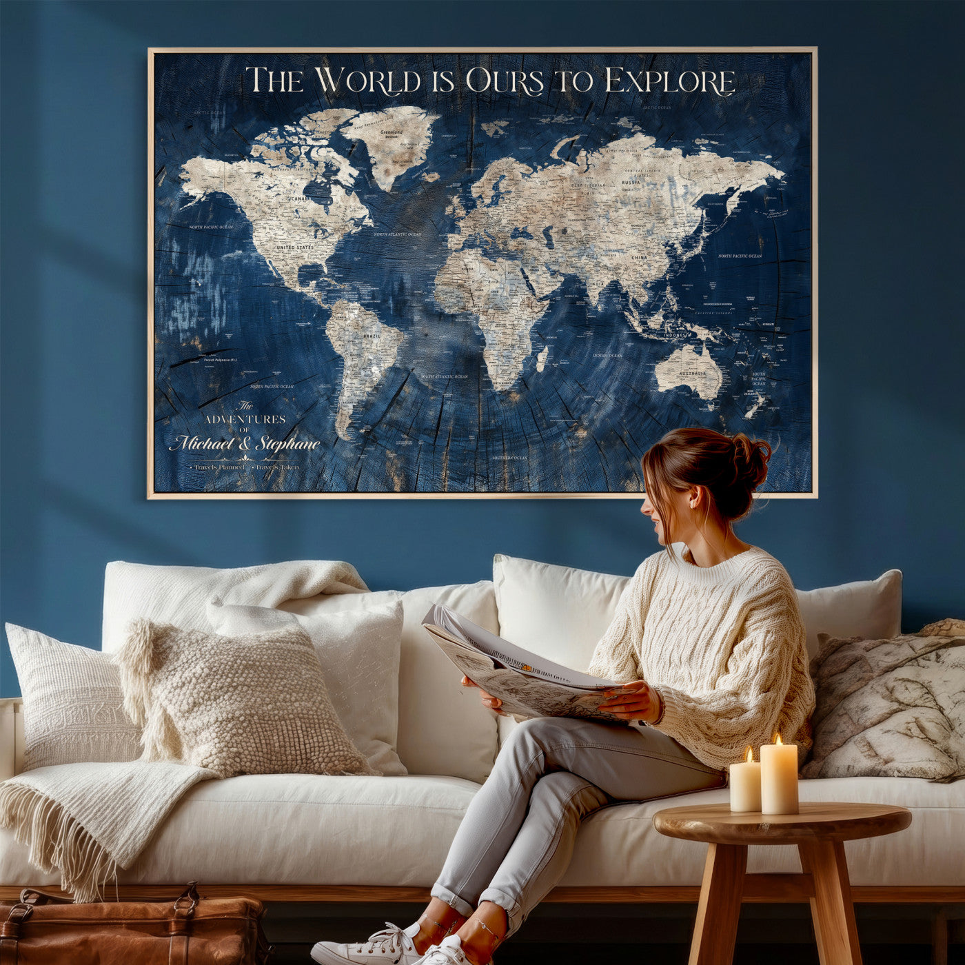 76965912-MGV-CV-36X24 - Custom Push Pin World Map Wall Art Canvas Print – Personalized Travel Tracker with Pins Framed Large for Home and Office Decor