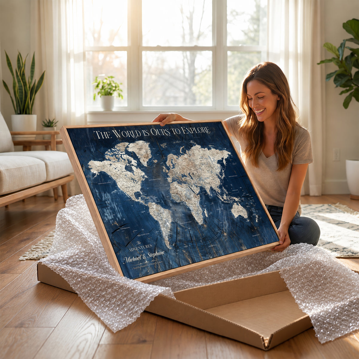 76965912-MGV-CV-36X24 - Custom Push Pin World Map Wall Art Canvas Print – Personalized Travel Tracker with Pins Framed Large for Home and Office Decor