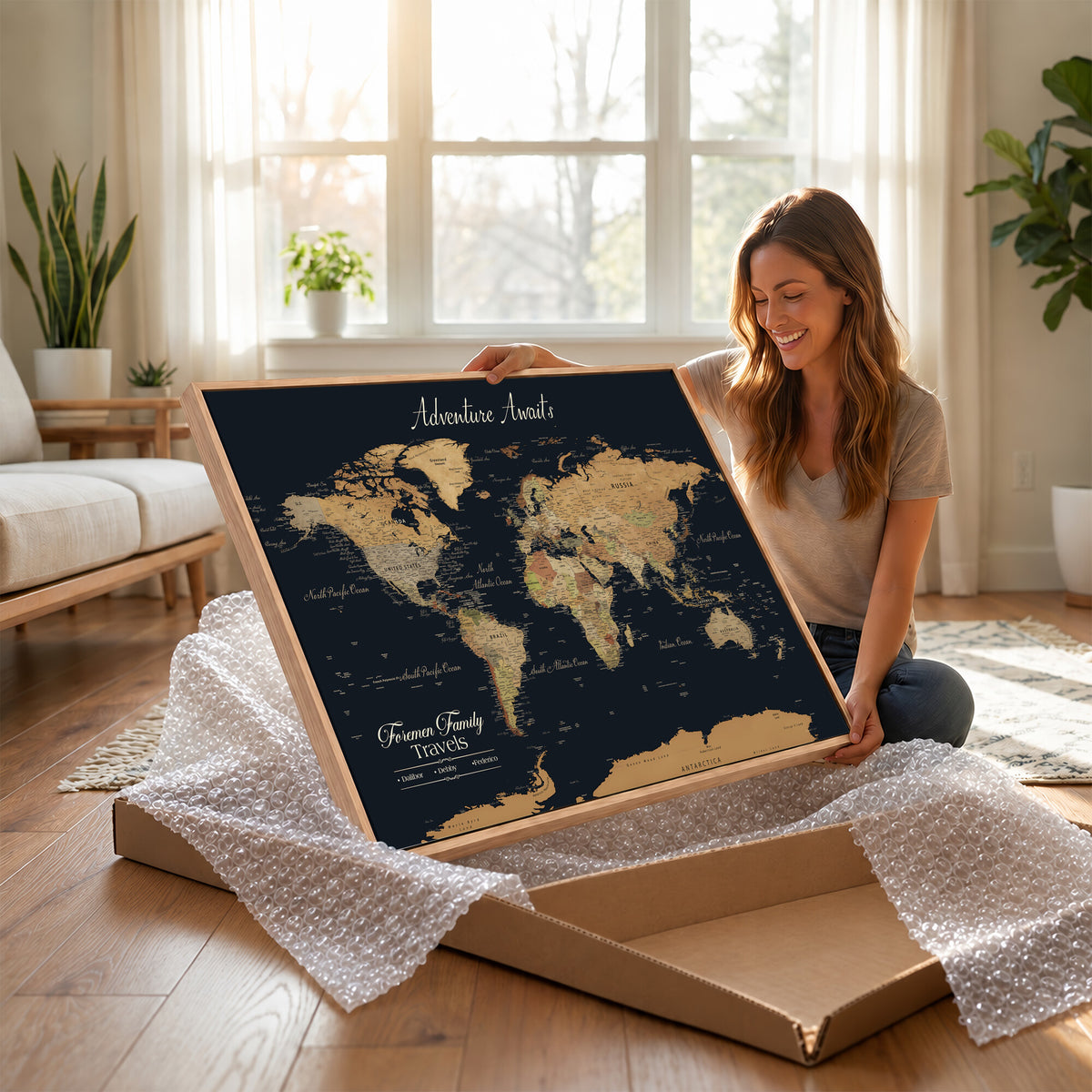 31781393-MGV-CV-36X24 - Custom Push Pin World Map Wall Art Canvas Print | Personalized Travel Tracker with Pins Framed Large for Home Decor