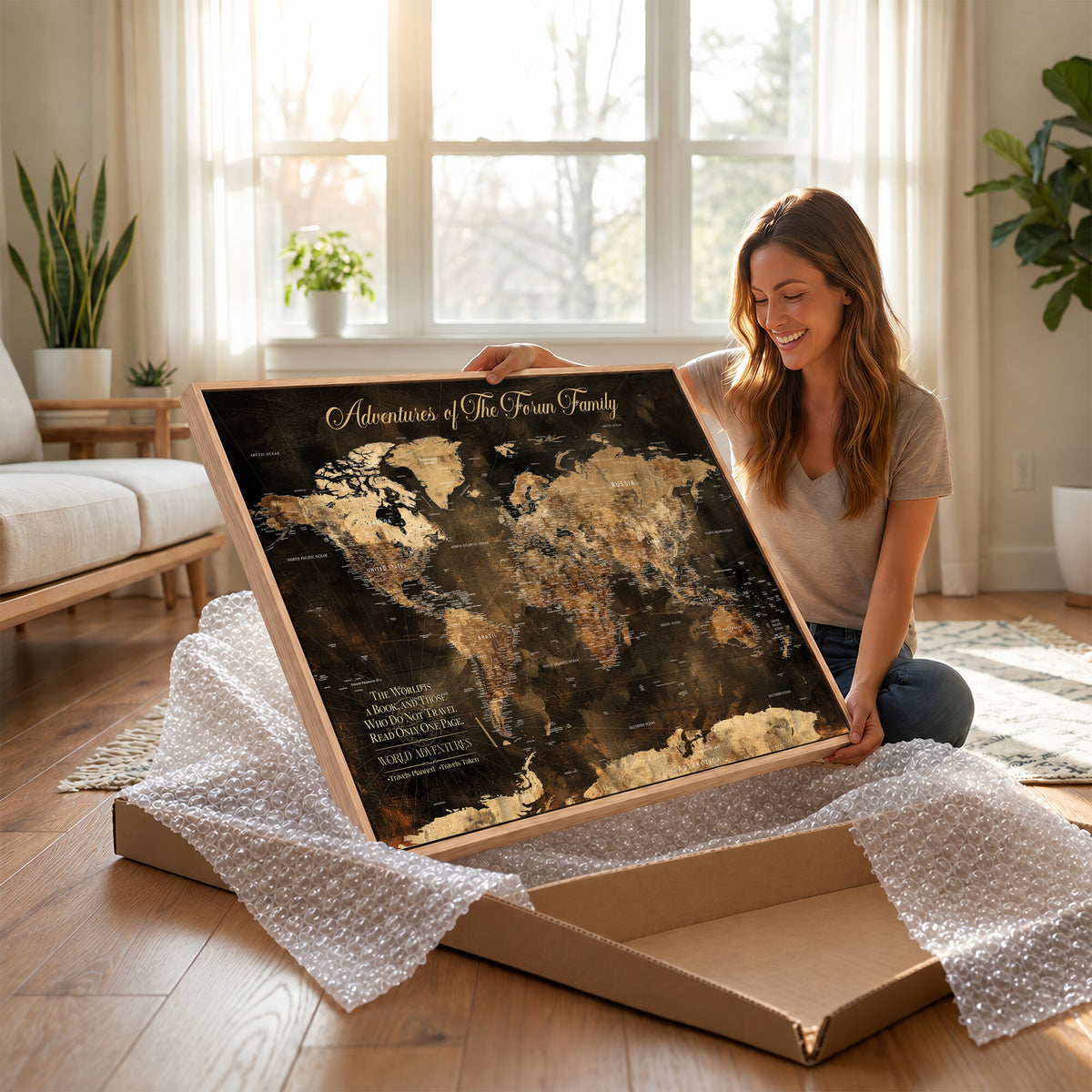 20594960-MGV-CV-36X24 - Custom Push Pin World Map Wall Art Canvas Print – Personalized Travel Tracker with Pins Framed Large for Home and Office Decor