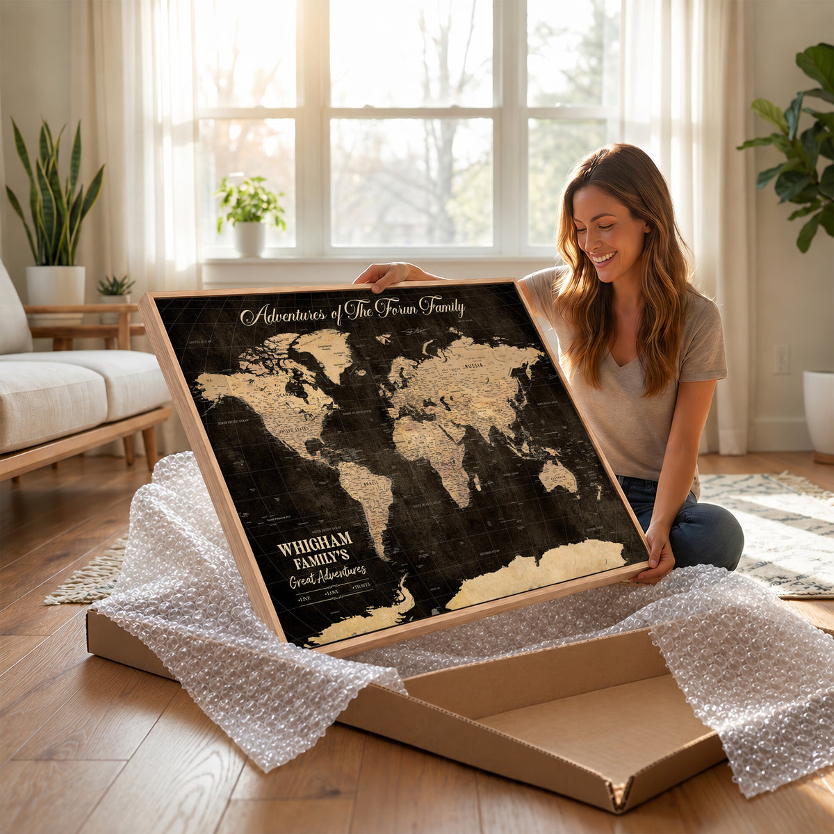 69635819-MGV-CV-36X24 - Custom Push Pin World Map Wall Art Canvas Print | Personalized Travel Tracker with Pins Framed Large for Home and Office Decor
