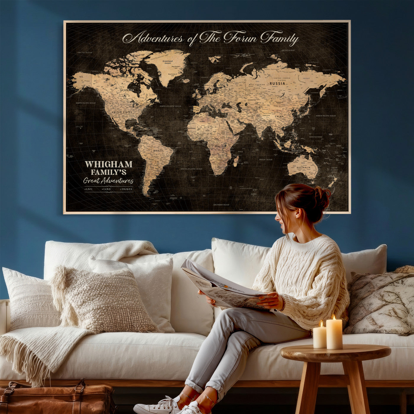 68639184-MGV-CV-36X24 - Custom Push Pin World Map Wall Art Canvas Print – Personalized Travel Tracker with Pins Framed Large for Home and Office Decor