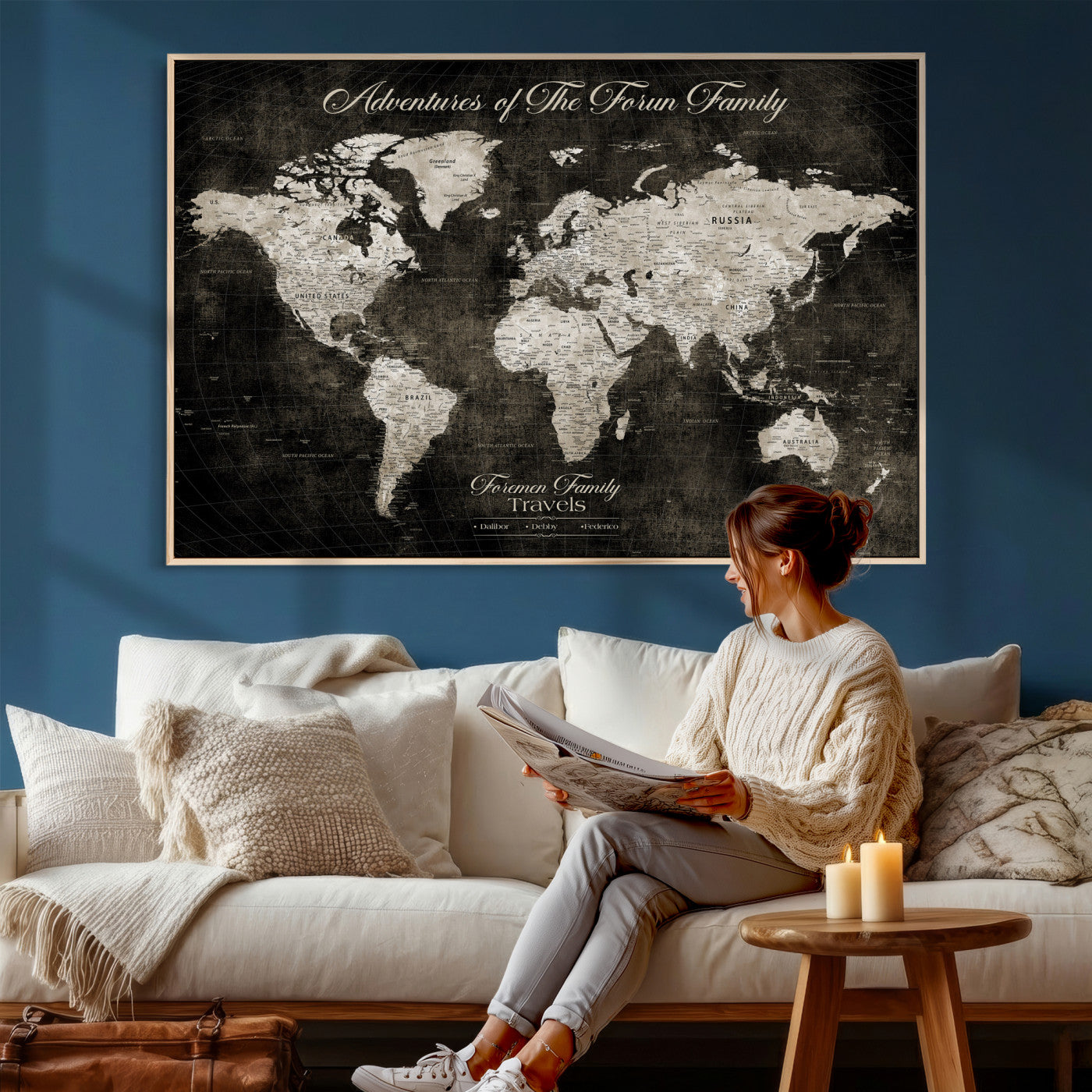 73767525-MGV-CV-36X24 - Custom Push Pin World Map Wall Art Canvas Print – Personalized Travel Tracker with Pins Framed Large for Home and Office Decor