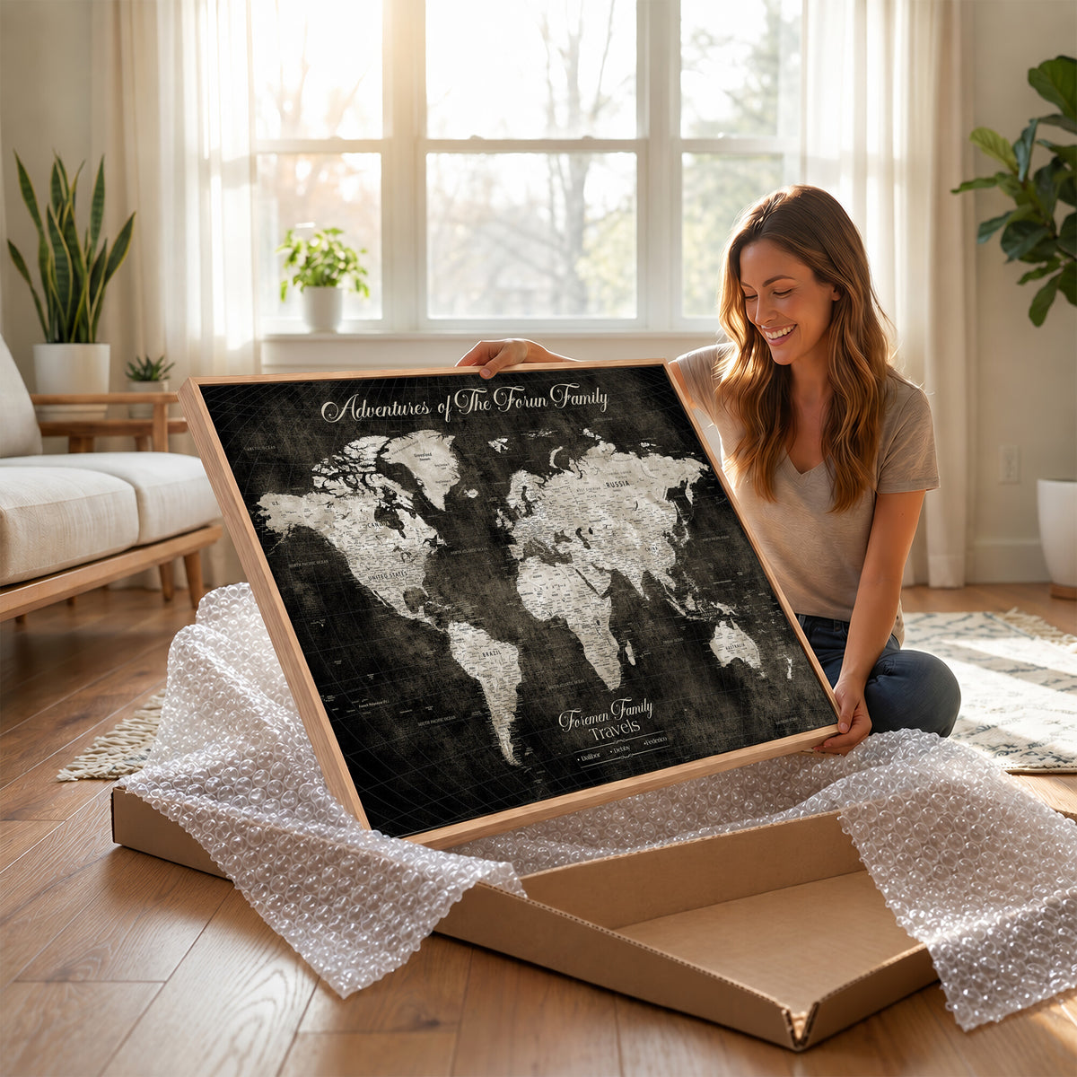 73767525-MGV-CV-36X24 - Custom Push Pin World Map Wall Art Canvas Print | Personalized Travel Tracker with Pins Framed Large for Home and Office Decor