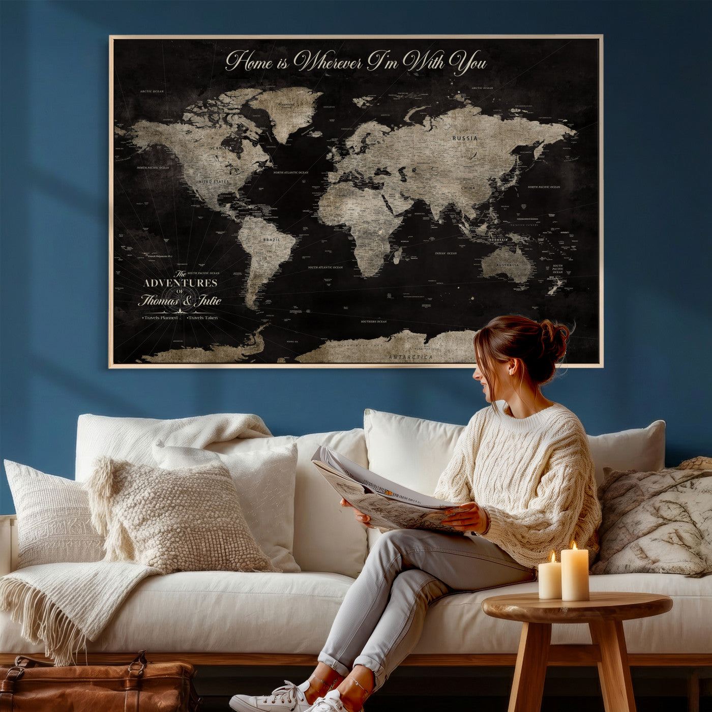28461537-MGV-CV-36X24 - Custom Push Pin World Map Wall Art Canvas Print – Personalized Travel Tracker with Pins Framed Large for Home and Office Decor