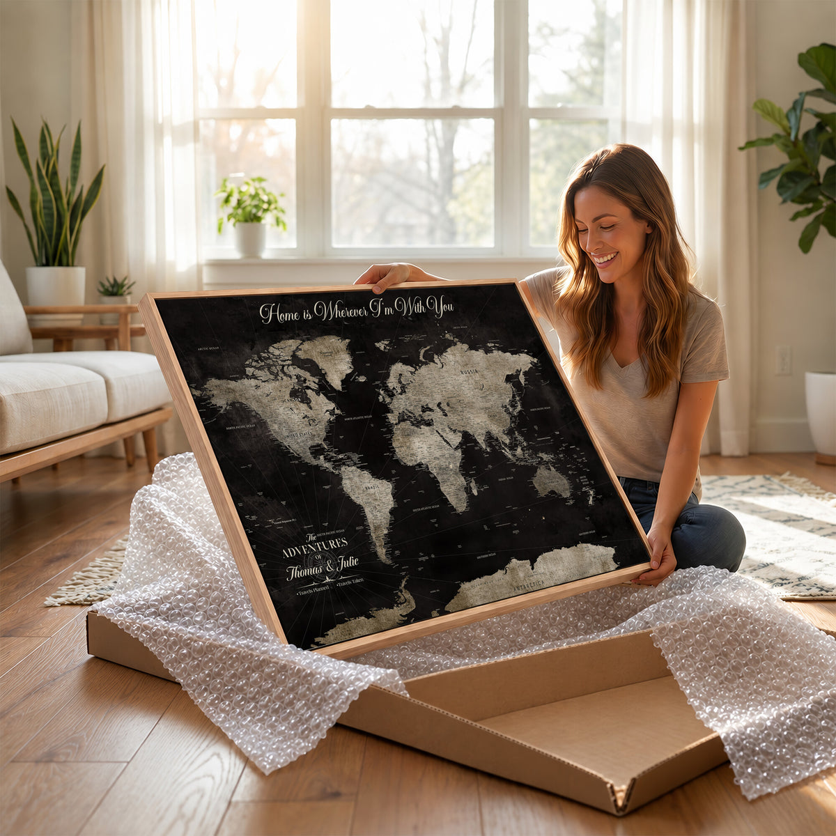 28461537-MGV-CV-36X24 - Personalized Framed Black Geometric World Map Canvas with Push Pins, Bucket List Map, Living Room and Dining Room Decor
