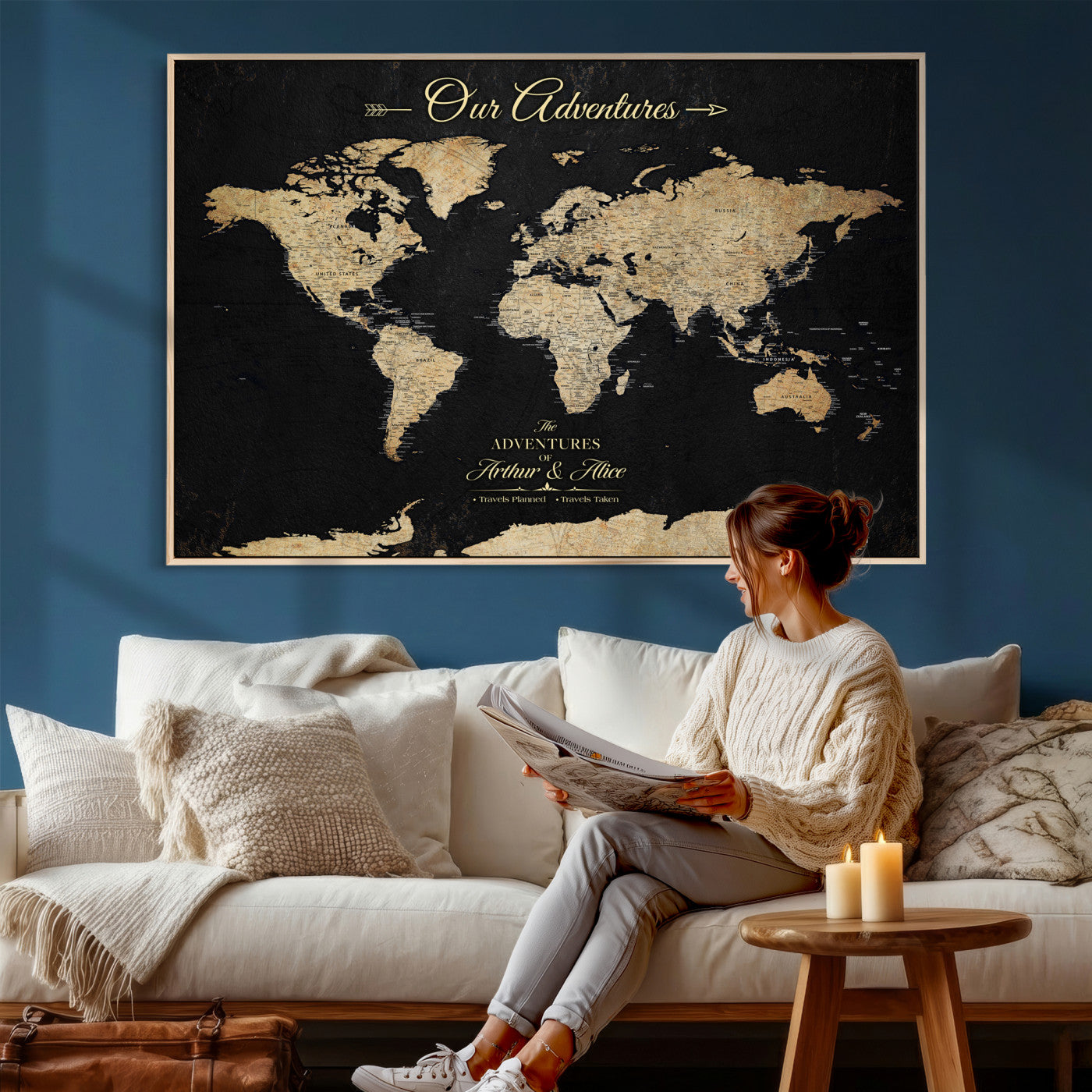 54638998-MGV-CV-36X24 - Custom Push Pin World Map Wall Art Canvas Print – Personalized Travel Tracker with Pins Framed Large for Home and Office Decor