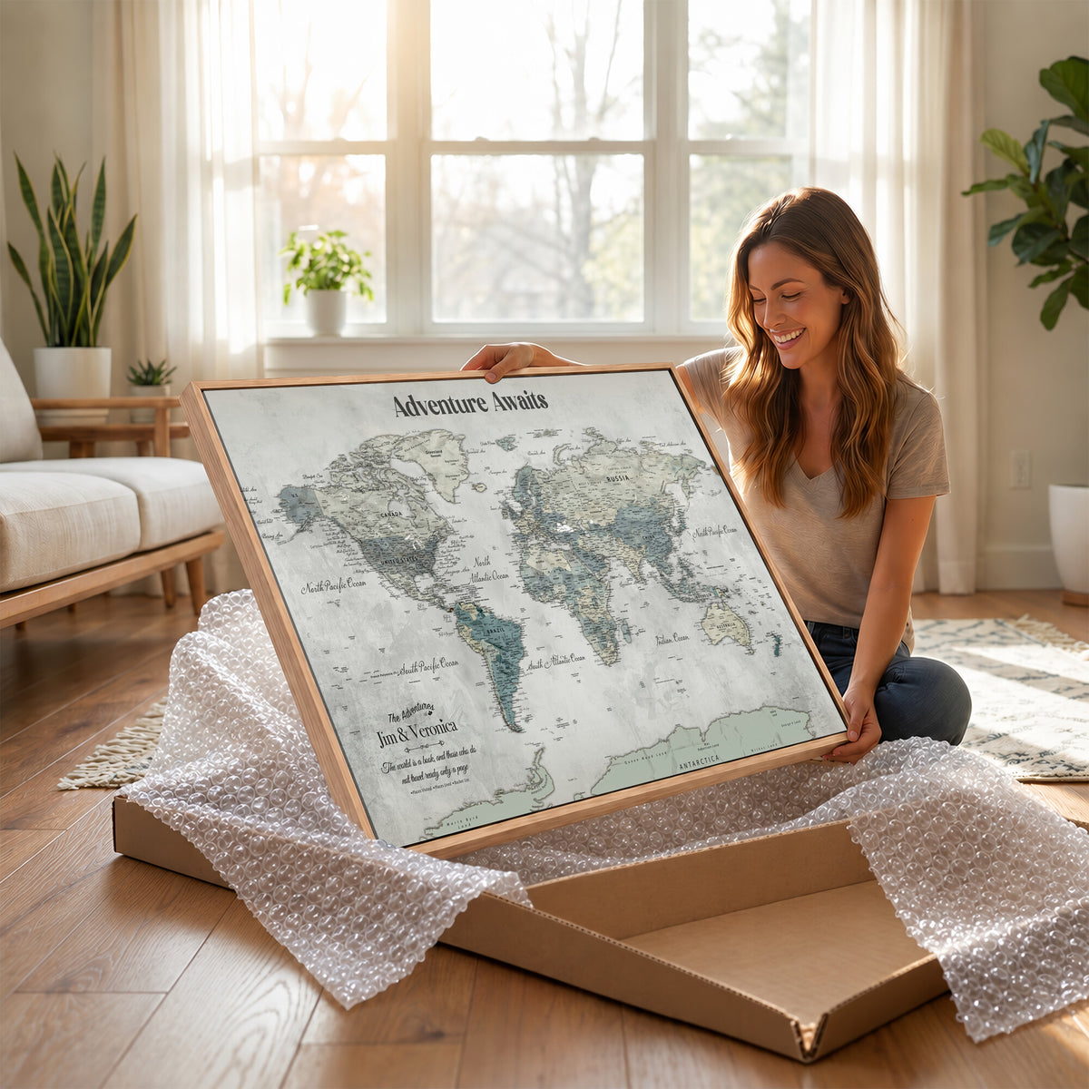 11945570-MGV-CV-36X24 - Custom Push Pin World Map Wall Art Canvas Print | Personalized Travel Tracker with Pins Framed Large for Home and Office Decor