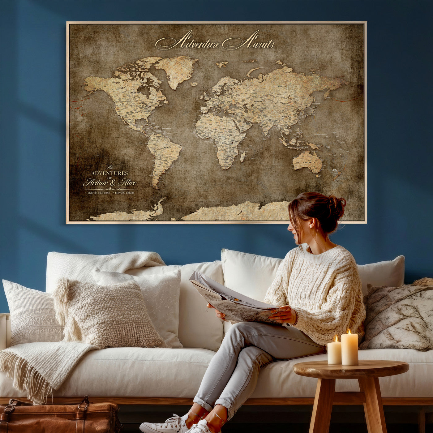 61836190-MGV-CV-36X24 - Custom Push Pin World Map Wall Art Canvas Print – Personalized Travel Tracker with Pins Framed Large for Home and Office Decor