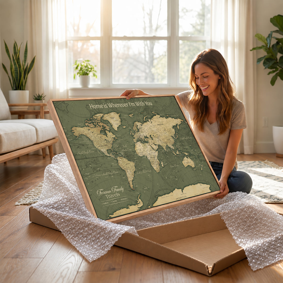 31715895-MGV-CV-36X24 - Custom Push Pin World Map Wall Art Canvas Print | Personalized Travel Tracker with Pins Framed Large for Home and Office Decor