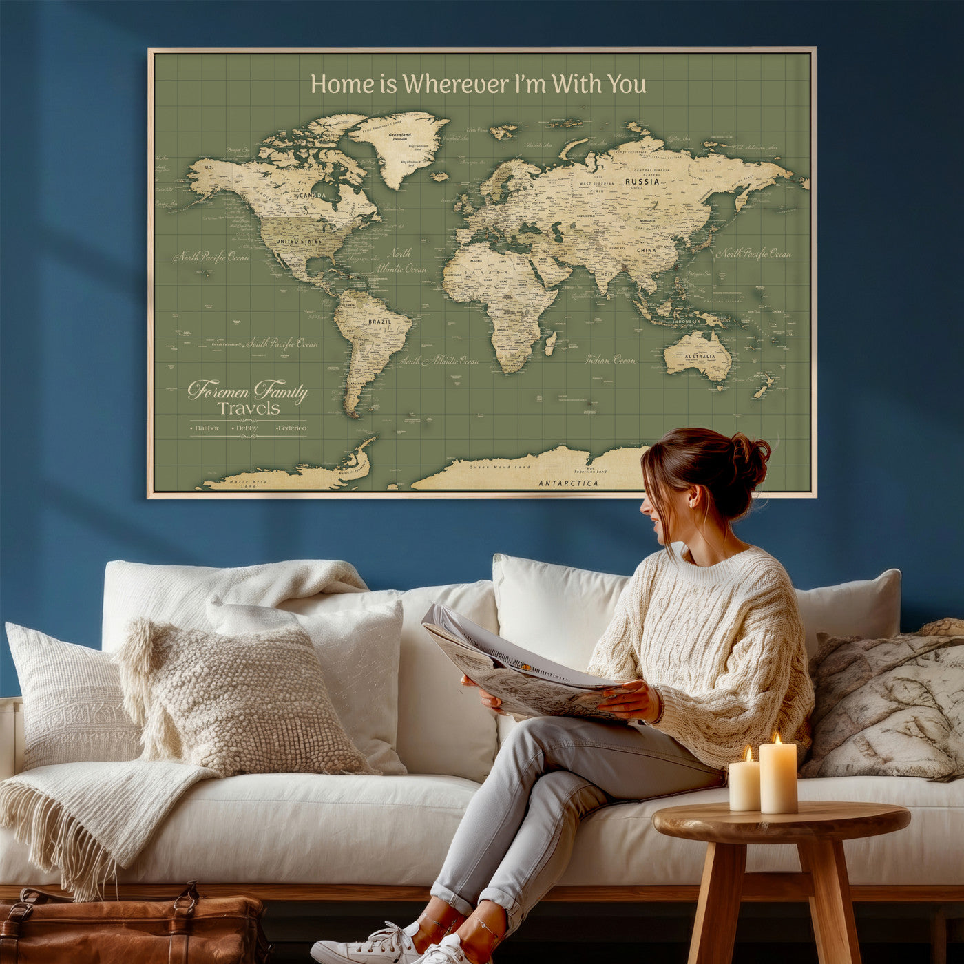88521244-MGV-CV-36X24 - Custom Push Pin World Map Wall Art Canvas Print – Personalized Travel Tracker with Pins Framed Large for Home and Office Decor