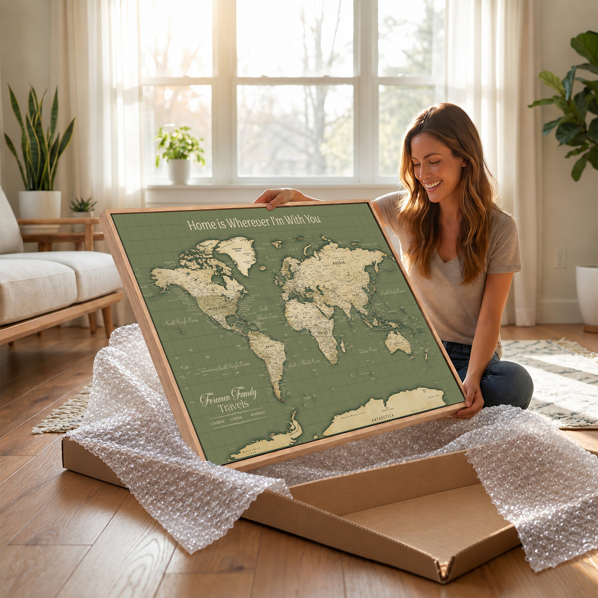 88521244-MGV-CV-36X24 - Custom Push Pin World Map Wall Art Canvas Print | Personalized Travel Tracker with Pins Framed Large for Home and Office Decor