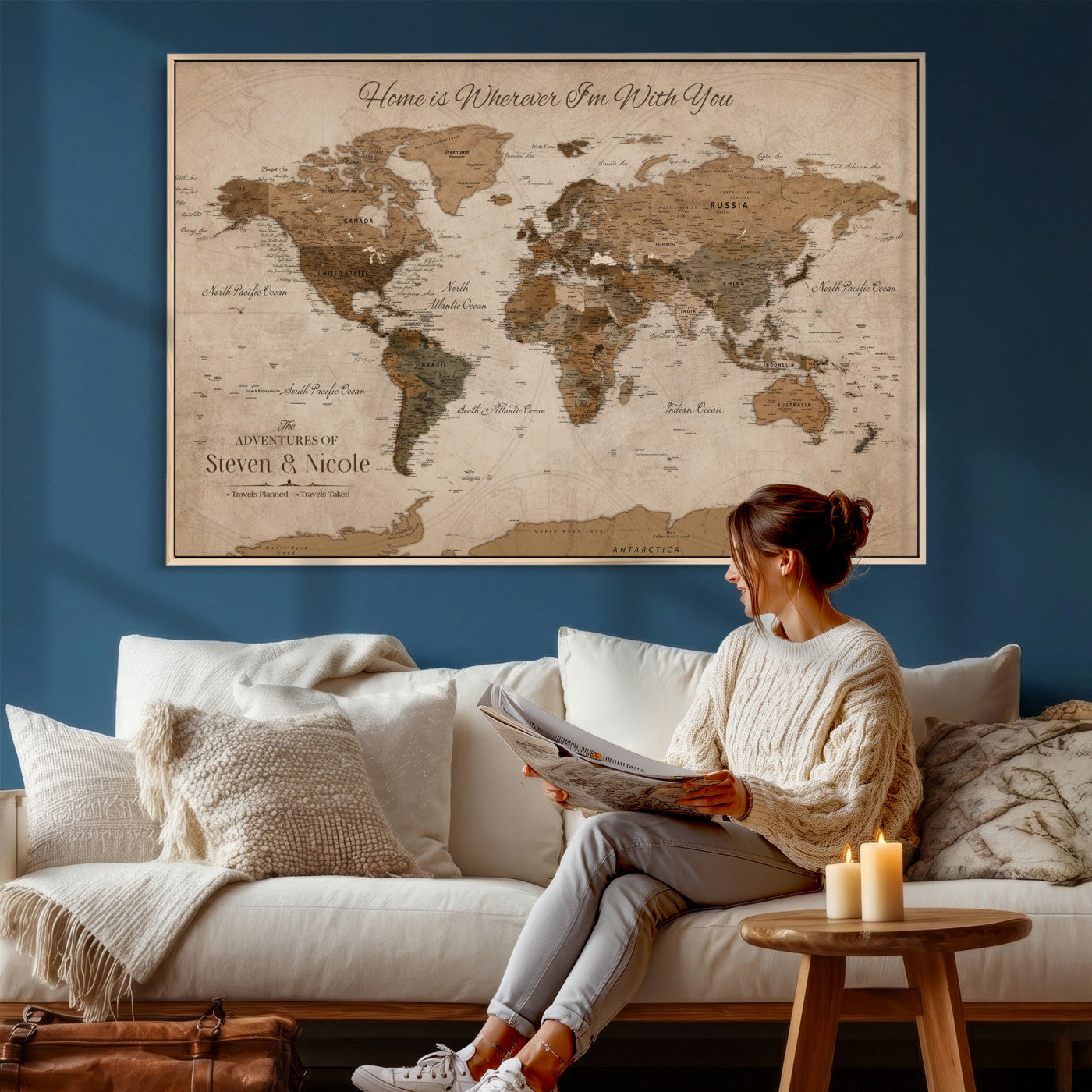 67360040-MGV-CV-36X24 - Custom Push Pin World Map Wall Art Canvas Print – Personalized Travel Tracker with Pins Framed Large for Home and Office Decor