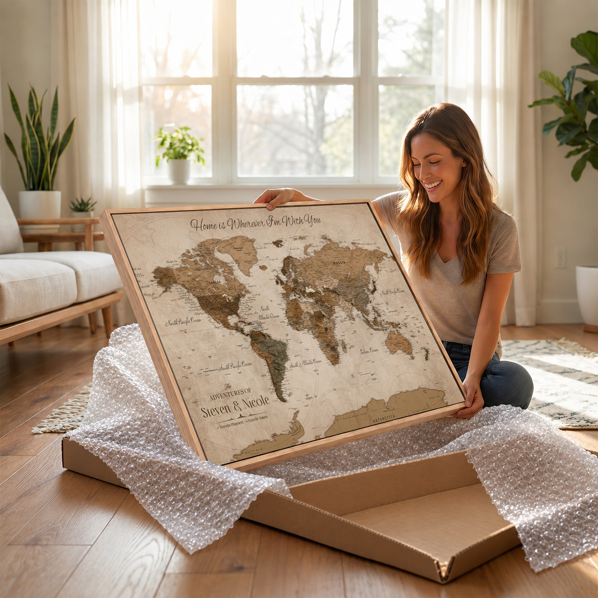67360040-MGV-CV-36X24 - Personalized Framed Navy Geometric World Map Canvas with Push Pins, Couples Countries Visited Map, Living Room and Hallway Decor