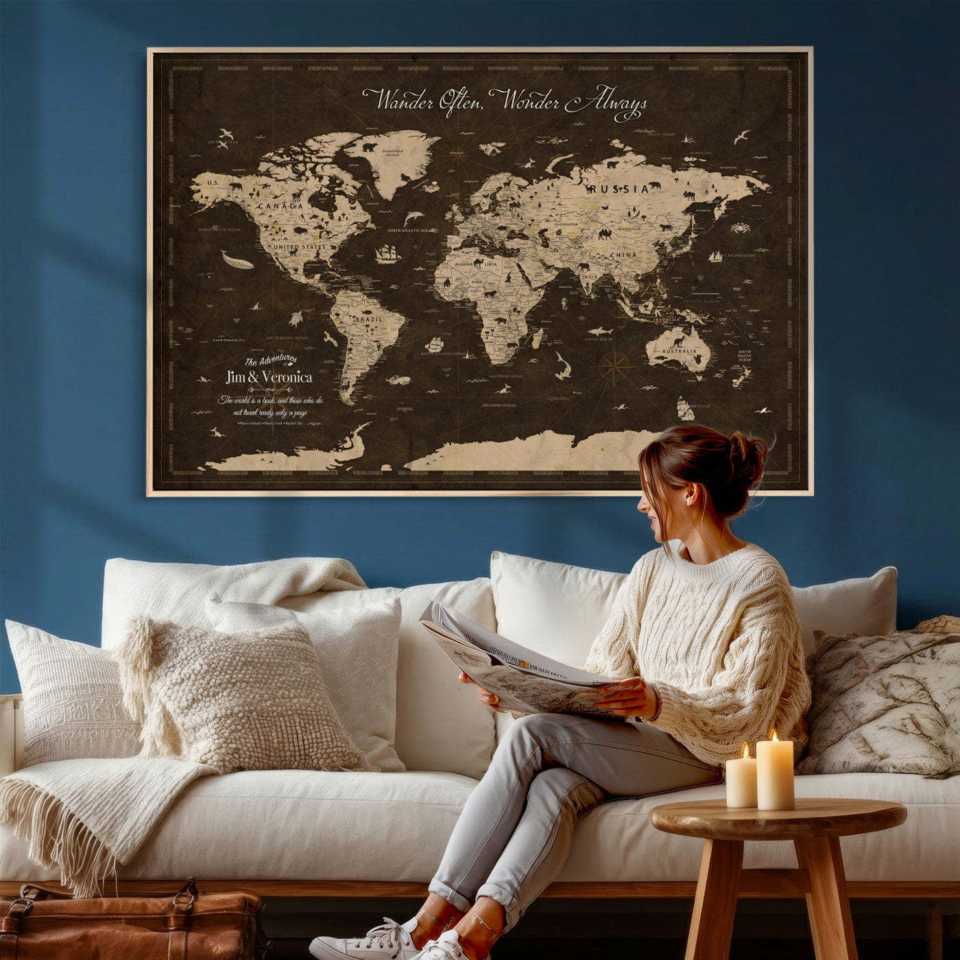 20091587-MGV-CV-36X24 - Custom Push Pin World Map Wall Art Canvas Print – Personalized Travel Tracker with Pins Framed Large for Home and Office Decor