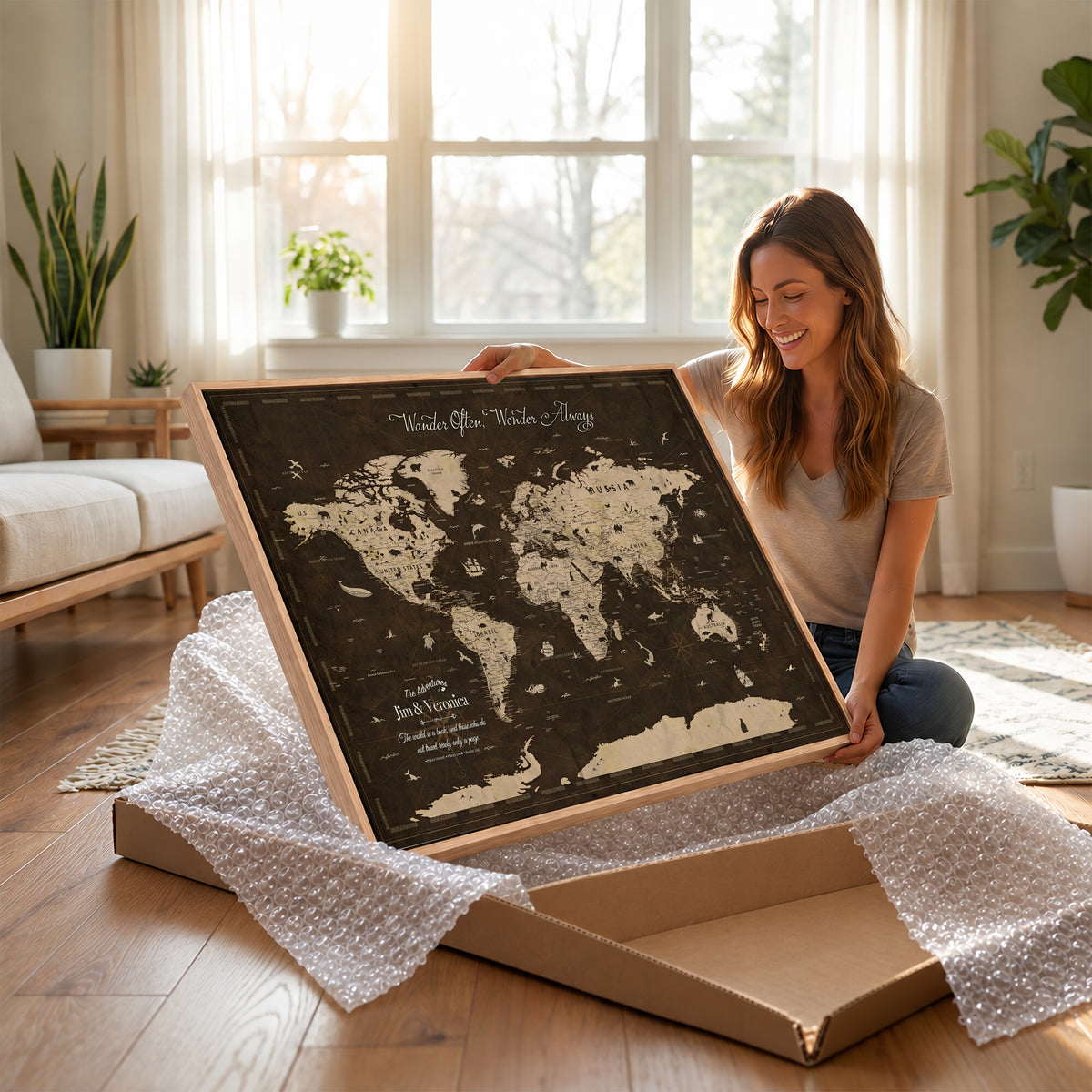 20091587-MGV-CV-36X24 - Custom Push Pin World Map Wall Art Canvas Print | Personalized Travel Tracker with Pins Framed Large for Home and Office Decor