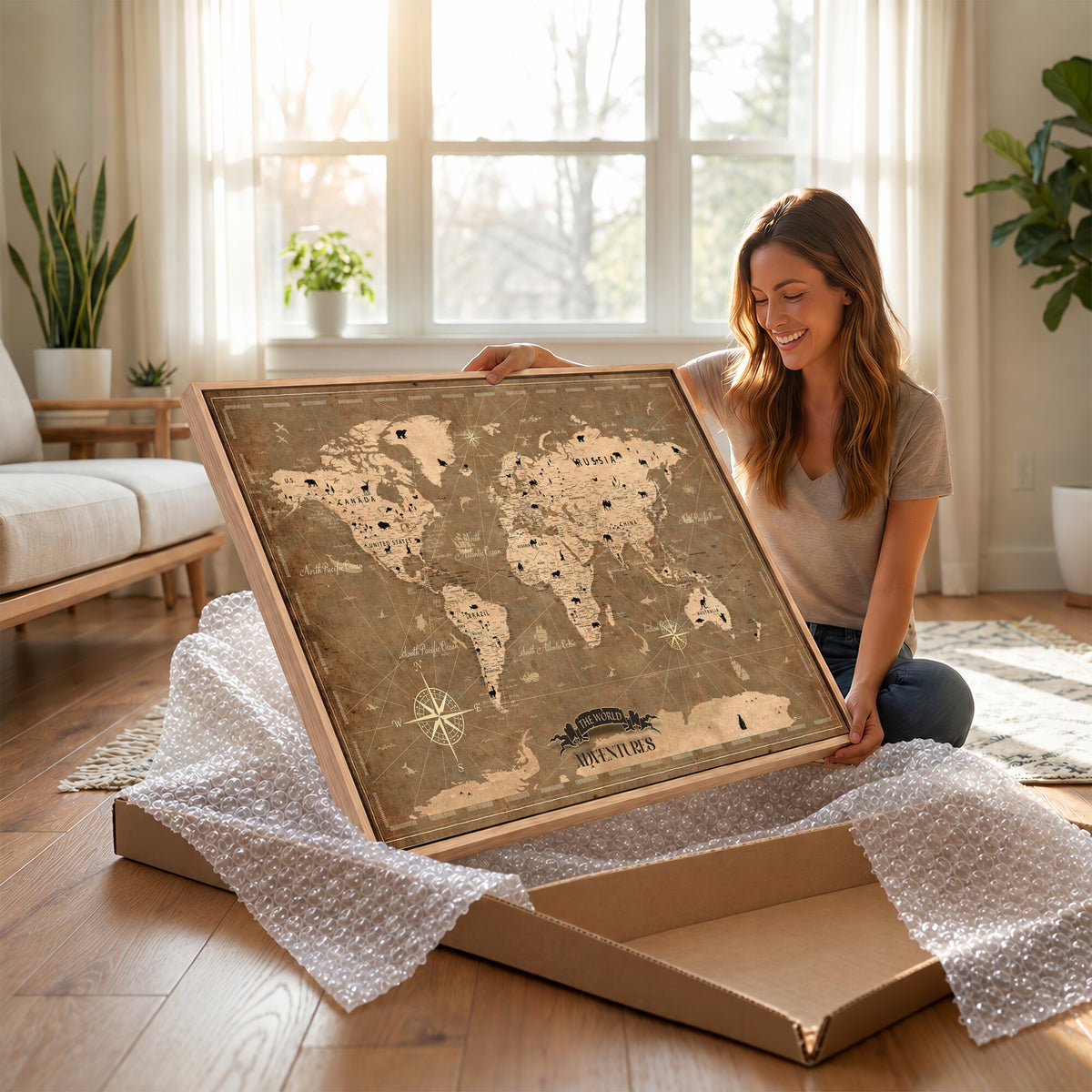 16235283-MGV-CV-36X24 - Custom World Travel Map Wall Art with Pins, Family Travel Tracker, Living Room and Bedroom Decor