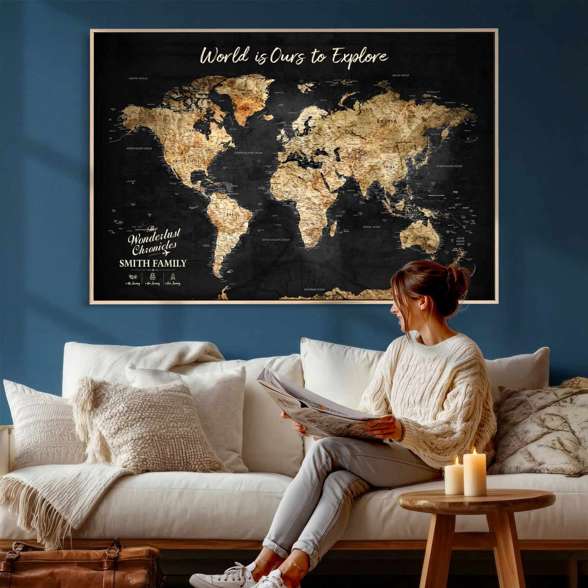 73732636-MGV-CV-36X24 - Custom Push Pin World Map Wall Art Canvas Print – Personalized Travel Tracker with Pins Framed Large for Home and Office Decor