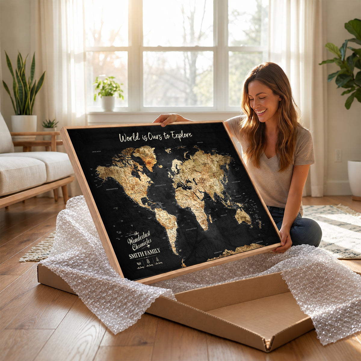 73732636-MGV-CV-36X24 - Custom Push Pin World Map Wall Art Canvas Print | Personalized Travel Tracker with Pins Framed Large for Home and Office Decor