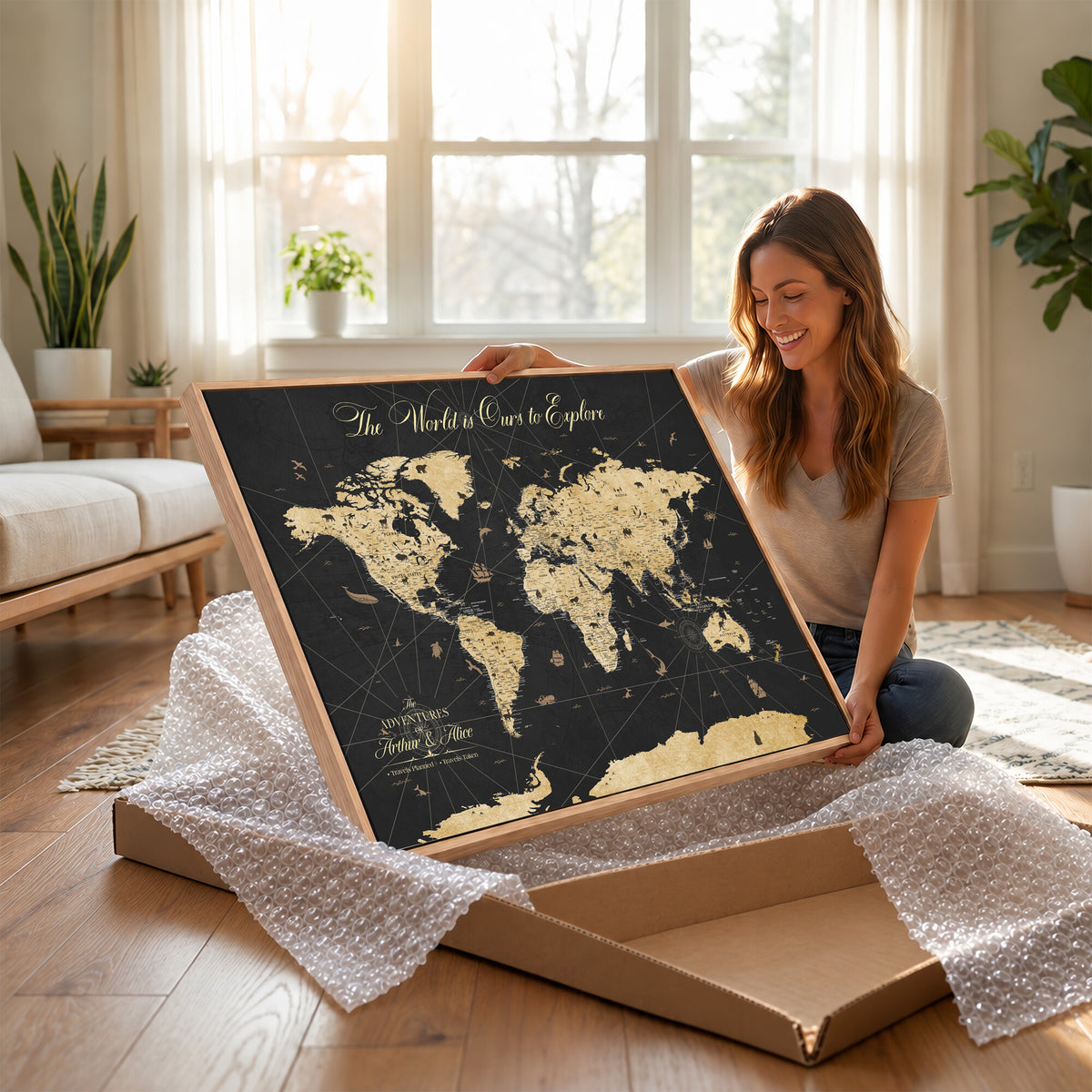 54097664-MGV-CV-36X24 - Custom Push Pin World Map Canvas Print, Couples Countries Visited Map, Living Room and Home Office Decor