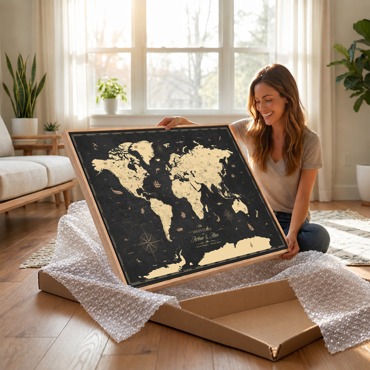 23208482-MGV-CV-36X24 - Custom Push Pin World Map Wall Art Canvas Print | Personalized Travel Tracker with Pins Framed Large for Home and Office Decor