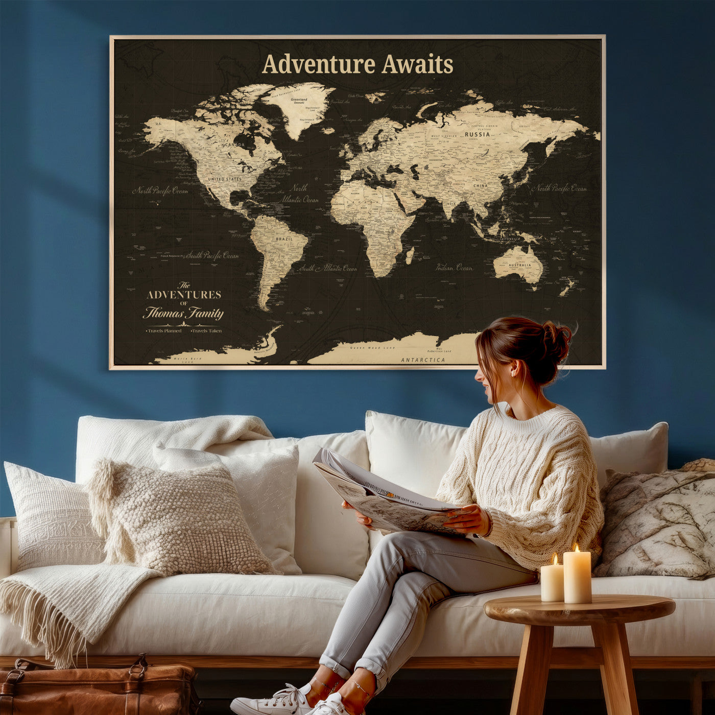 47597338-MGV-CV-36X24 - Custom Push Pin World Map Wall Art Canvas Print – Personalized Travel Tracker with Pins Framed Large for Home and Office Decor