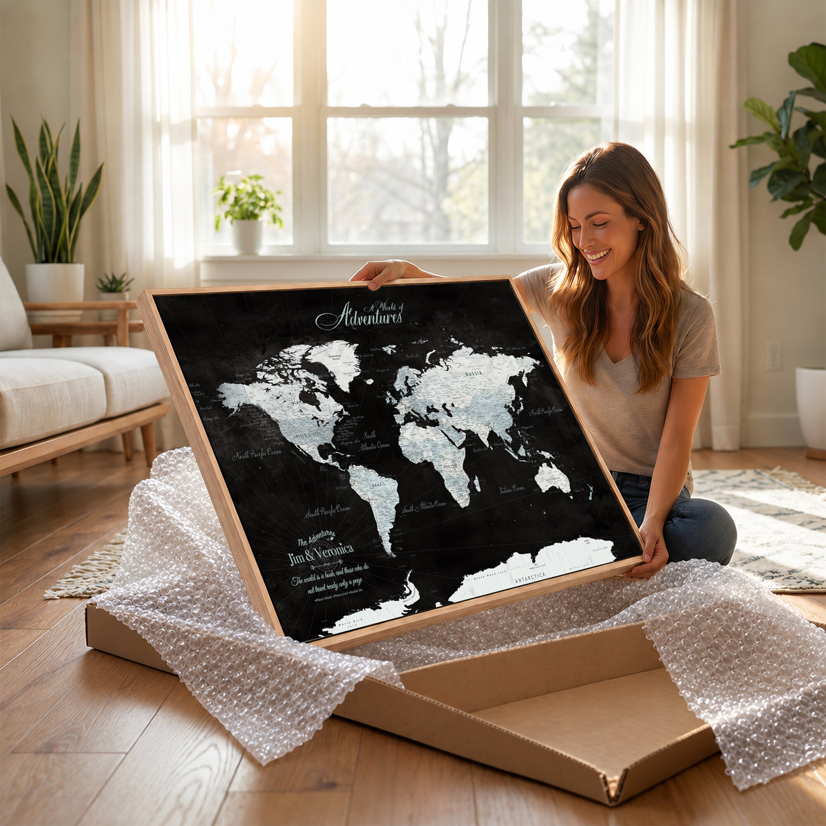 67491071-MGV-CV-36X24 - Custom Beige World Travel Map Wall Art with Pins, Places Visited Tracker, Bedroom and Home Office Decor