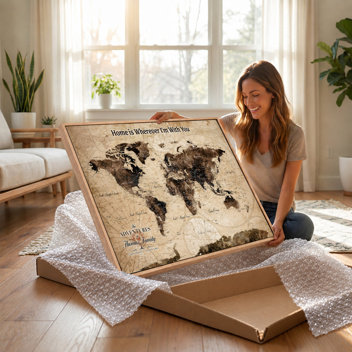 74771891-MGV-CV-36X24 - Personalized Framed Beige Modern World Travel Map Wall Art with Pins, Family Adventure Map, Living Room and Hallway Decor