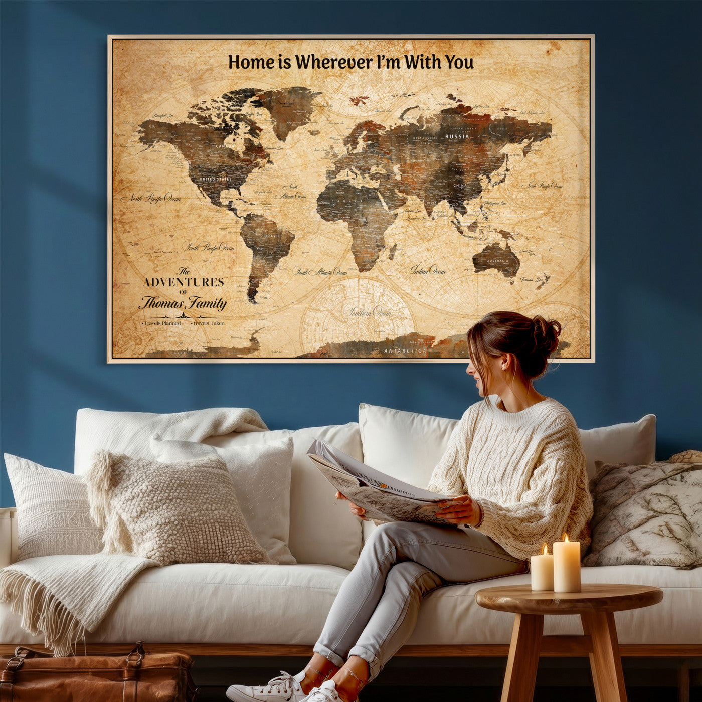 99095125-MGV-CV-36X24 - Custom Push Pin World Map Wall Art Canvas Print – Personalized Travel Tracker with Pins Framed Large for Home and Office Decor