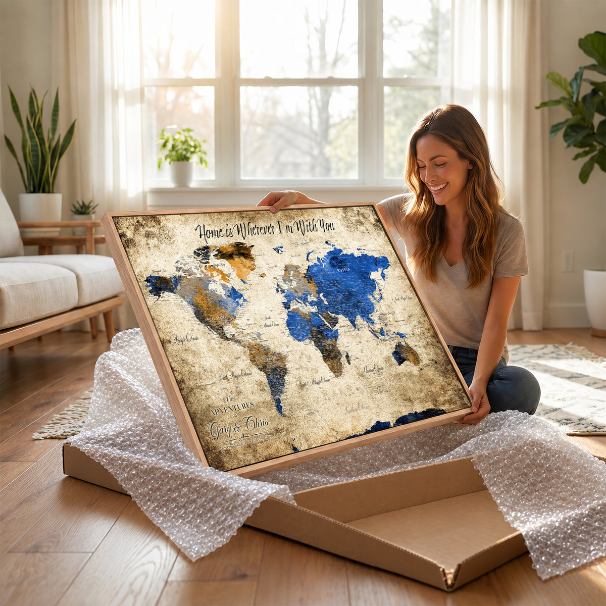 13332533-MGV-CV-36X24 - Personalized Framed Beige World Map Canvas with Push Pins, Honeymoon and Anniversary Gift, Living Room and Home Office Decor