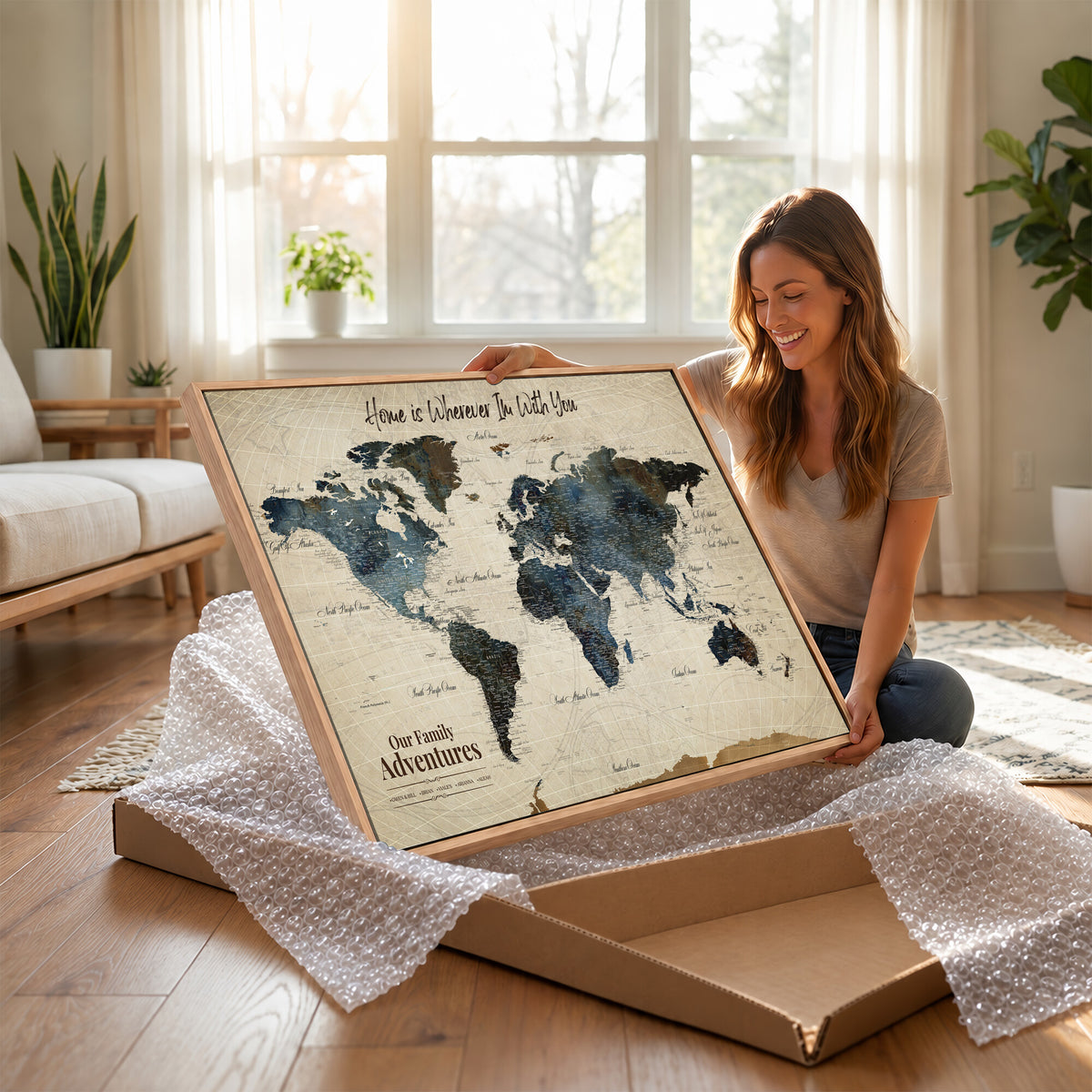 51383535-MGV-CV-36X24 - Personalized Framed Black Modern Push Pin Travel Map Canvas Print, Family Travel Tracker, Home Office and Entryway Decor