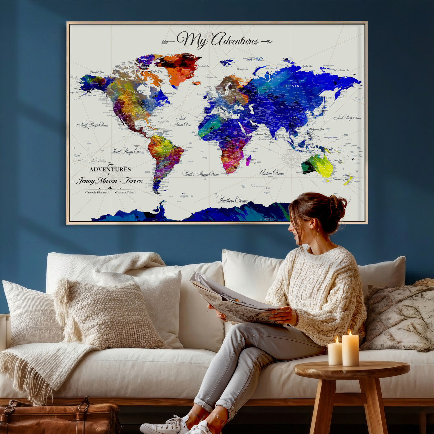 45423989-MGV-CV-36X24 - Custom Push Pin World Map Wall Art Canvas Print – Personalized Travel Tracker with Pins Framed Large for Home and Office Decor
