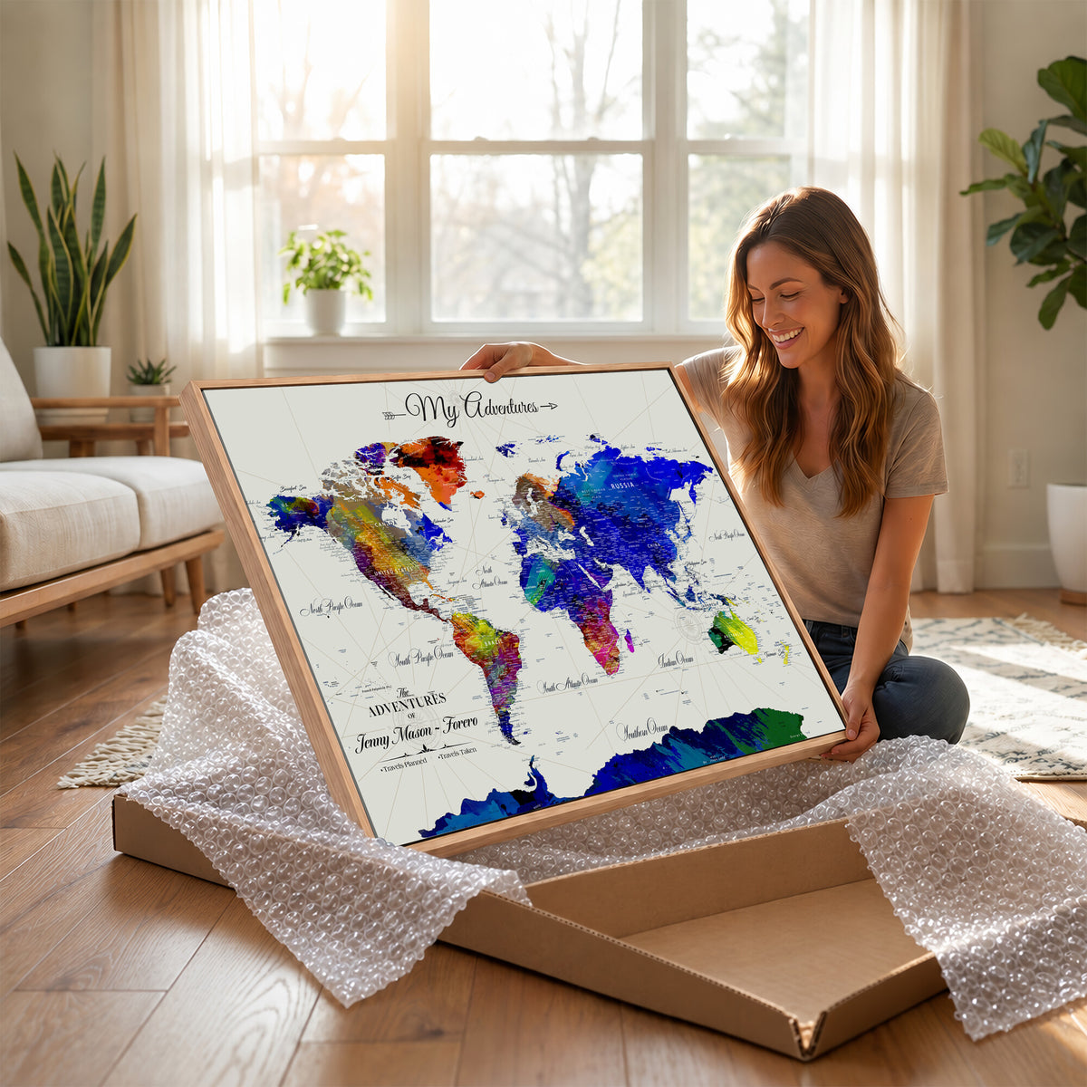 45423989-MGV-CV-36X24 - Detailed Custom Framed Beige Modern World Map Canvas with Push Pins, Honeymoon and Anniversary Gift, Dining Room and Home Office Decor