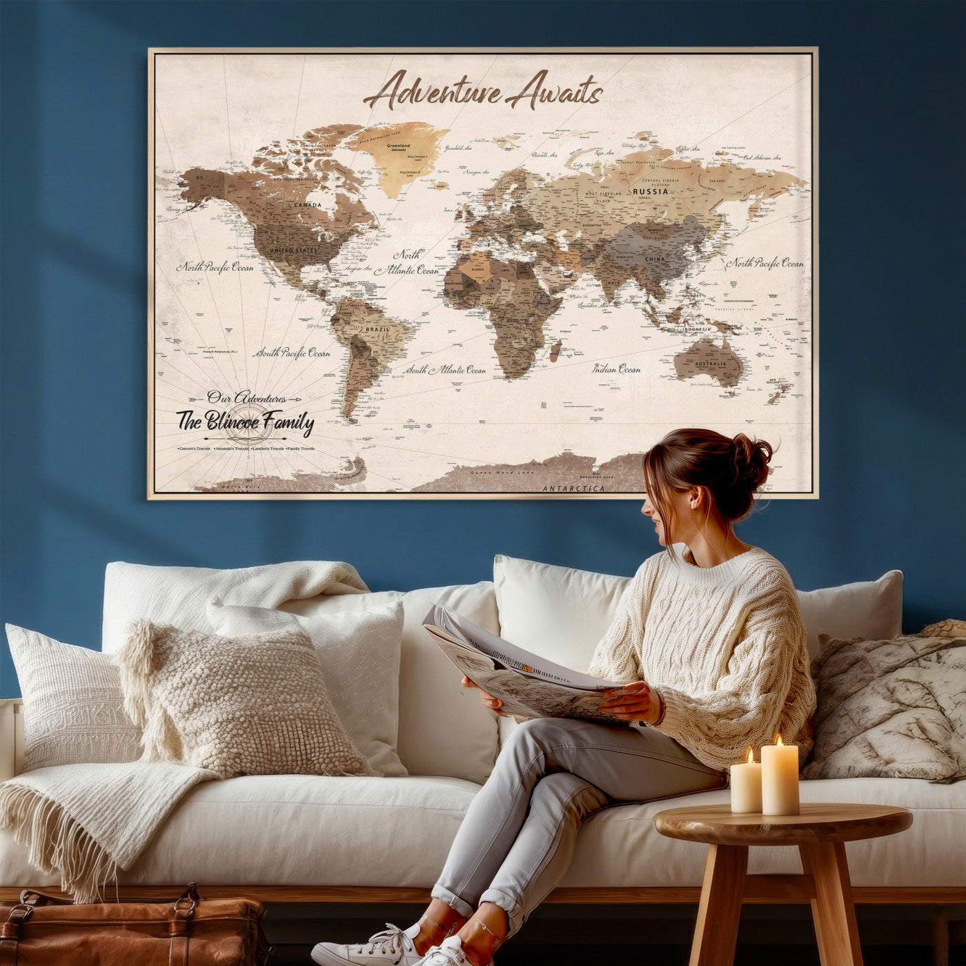 64110351-MGV-CV-36X24 - Custom Push Pin World Map Wall Art Canvas Print – Personalized Travel Tracker with Pins Framed Large for Home and Office Decor
