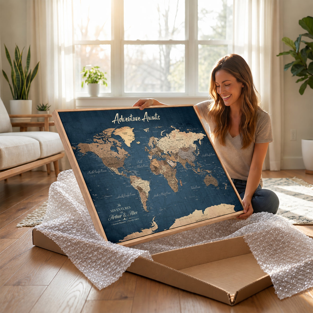 64110391-MGV-CV-36X24 - Personalized White Vintage World Travel Map Wall Art with Pins, Next Trip Planner Map, Family Room and Dining Room Decor