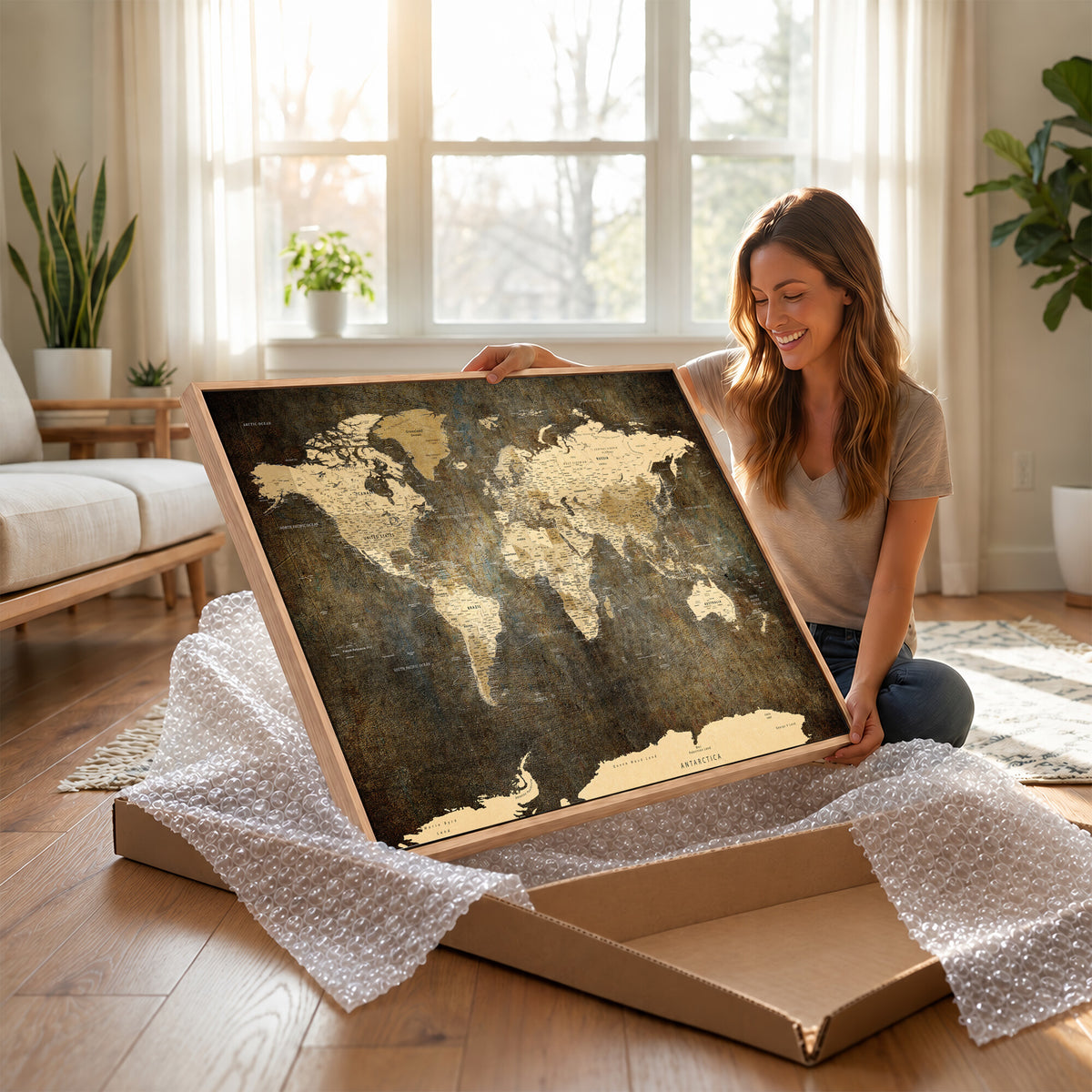89742472-MGV-CV-36X24 - Large Framed Vintage World Map Wall Art Print for Home Wall