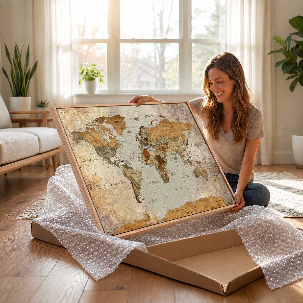 74176056-MGV-CV-36X24 - World Map Wall Art Canvas Print, Modern Decorative Framed Map Artwork Prints for Living Room, Office, Bedroom Wall Decor