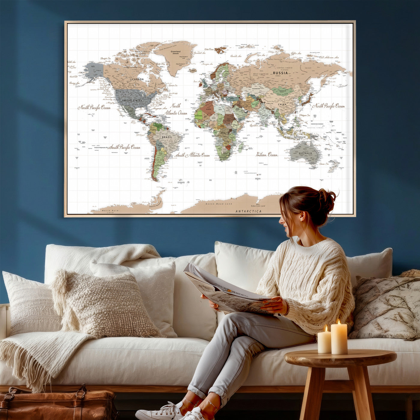 91286788-MGV-CV-36X24 - World Map Wall Art Canvas Print, Modern Decorative Framed Map Artwork Prints for Living Room, Office, Bedroom Wall Decor