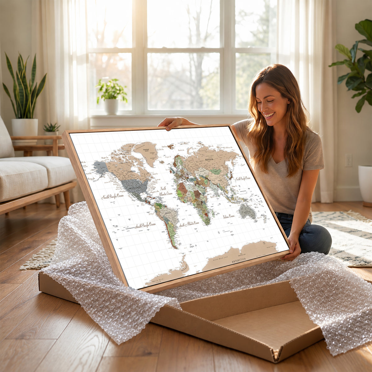 91286788-MGV-CV-36X24 - World Map Wall Art Canvas Print, Modern Decorative Framed Map Artwork Prints for Living Room, Office, Bedroom Wall Decor