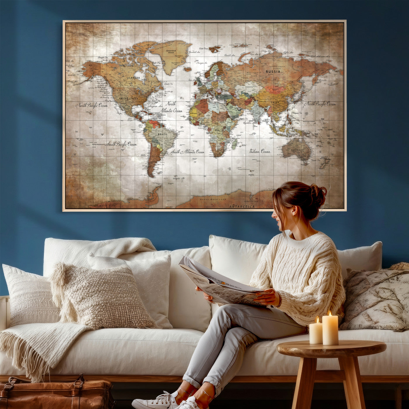 51643807-MGV-CV-36X24 - World Map Wall Art Canvas Print, Modern Decorative Framed Map Artwork Prints for Living Room, Office, Bedroom Wall Decor