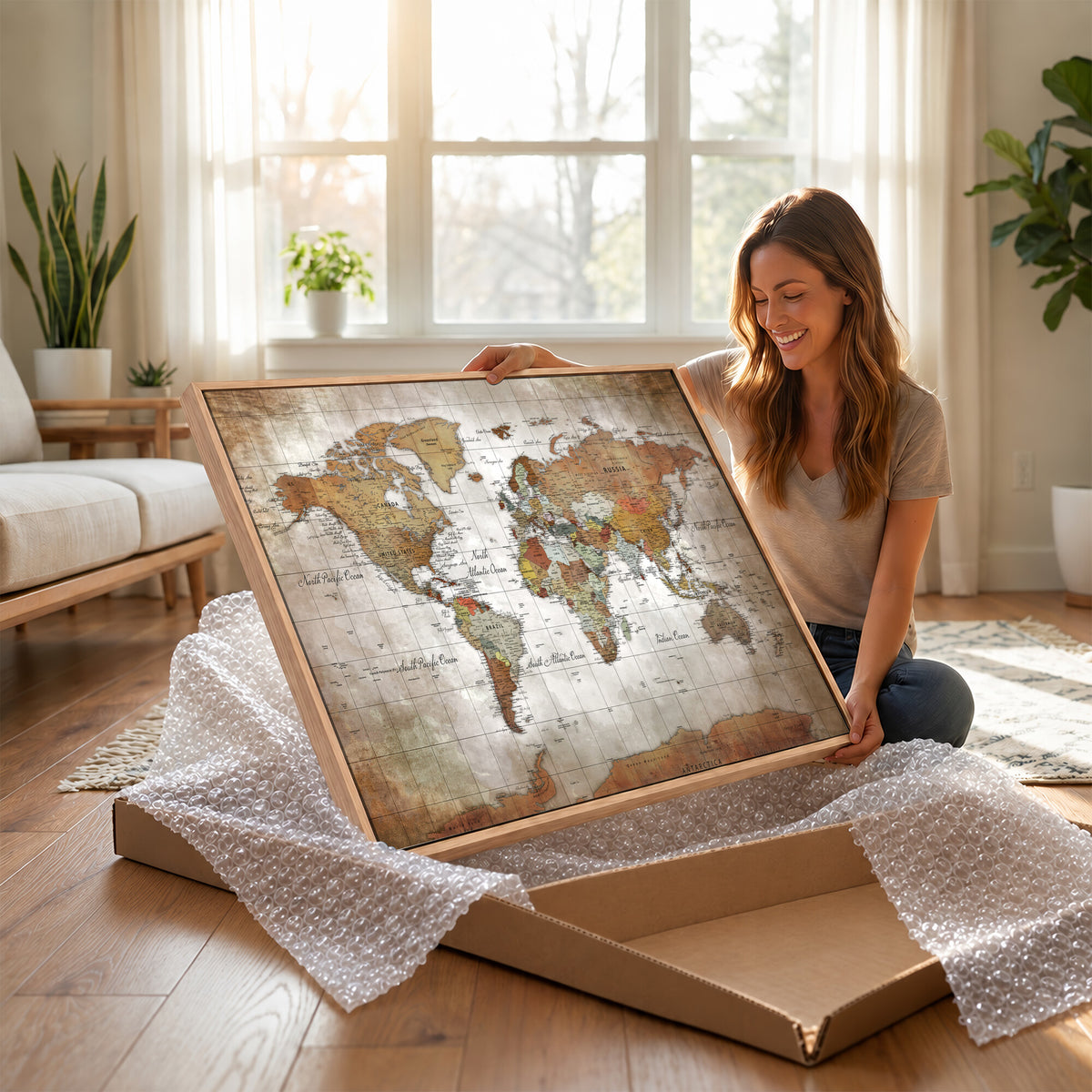 51643807-MGV-CV-36X24 - World Map Wall Art Canvas Print, Modern Decorative Framed Map Artwork Prints for Living Room, Office, Bedroom Wall Decor