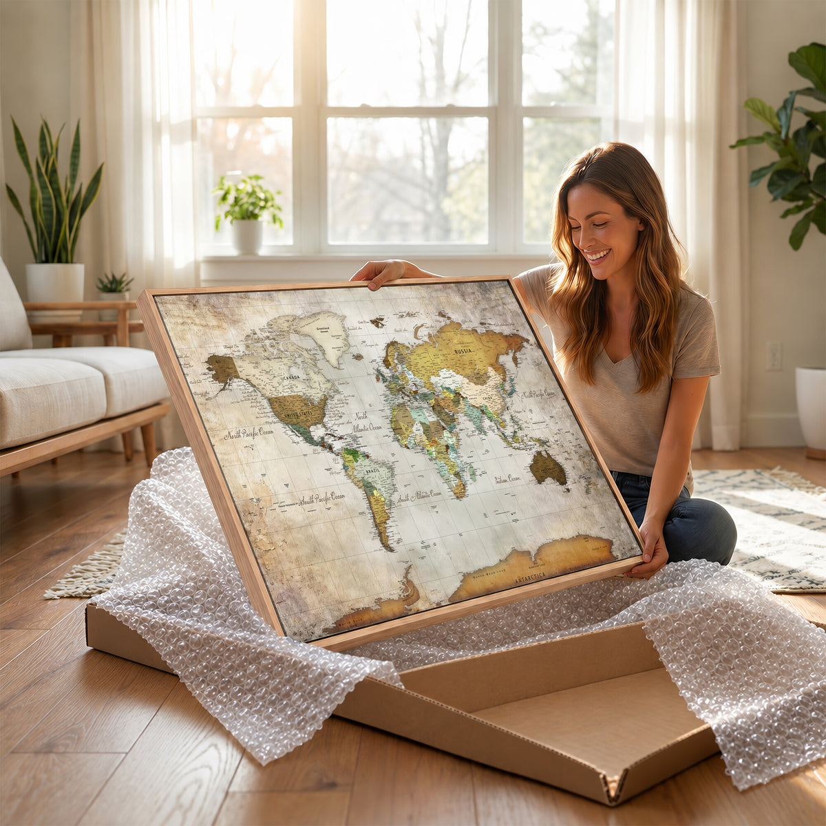 86108417-MGV-CV-36X24 - World Map Wall Art Canvas Print, Modern Decorative Framed Map Artwork Prints for Living Room, Office, Bedroom Wall Decor
