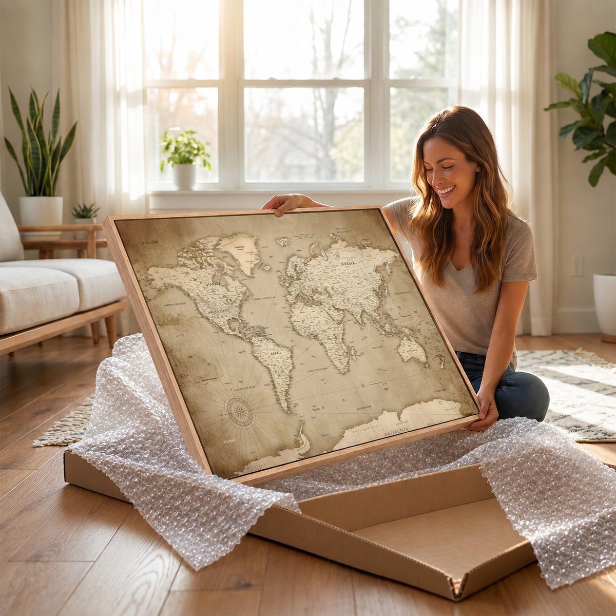 34795134-MGV-CV-36X24 - World Map Wall Art Canvas Print, Modern Decorative Framed Map Artwork Prints for Living Room, Office, Bedroom Wall Decor