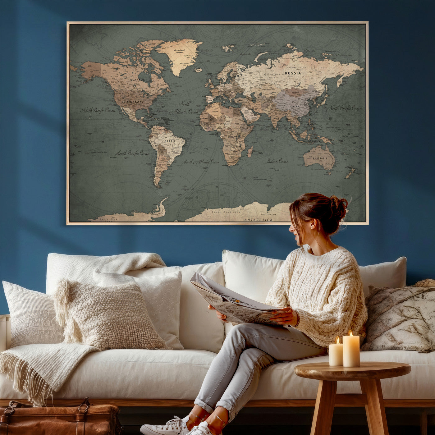 84619399-MGV-CV-36X24 - World Map Wall Art Canvas Print, Modern Decorative Framed Map Artwork Prints for Living Room, Office, Bedroom Wall Decor