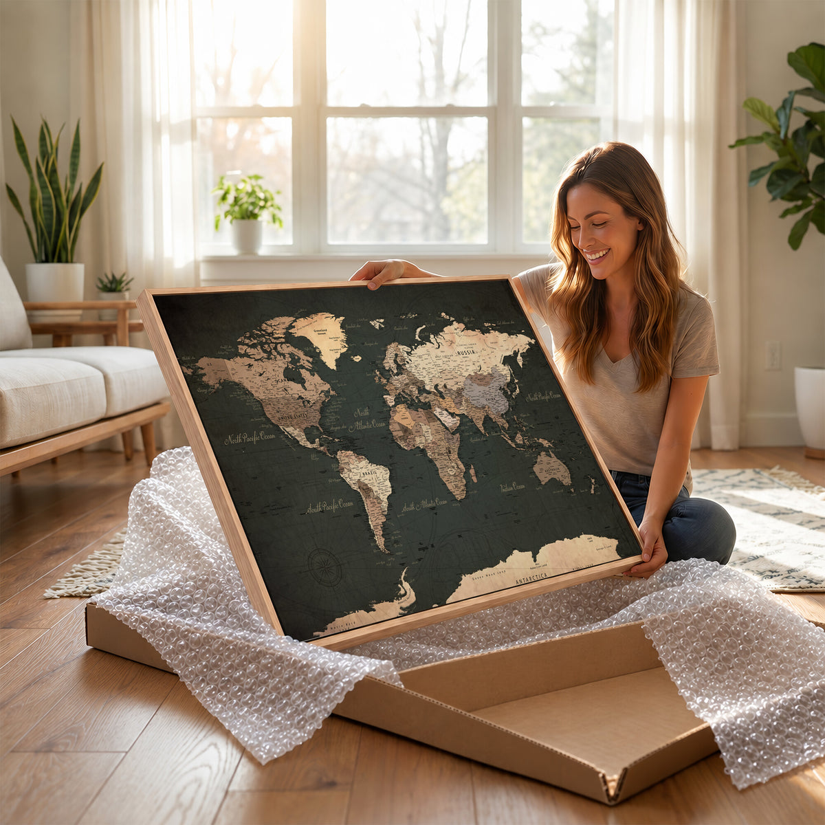 62059333-MGV-CV-36X24 - World Map Wall Art Canvas Print, Modern Decorative Framed Map Artwork Prints for Living Room, Office, Bedroom Wall Decor