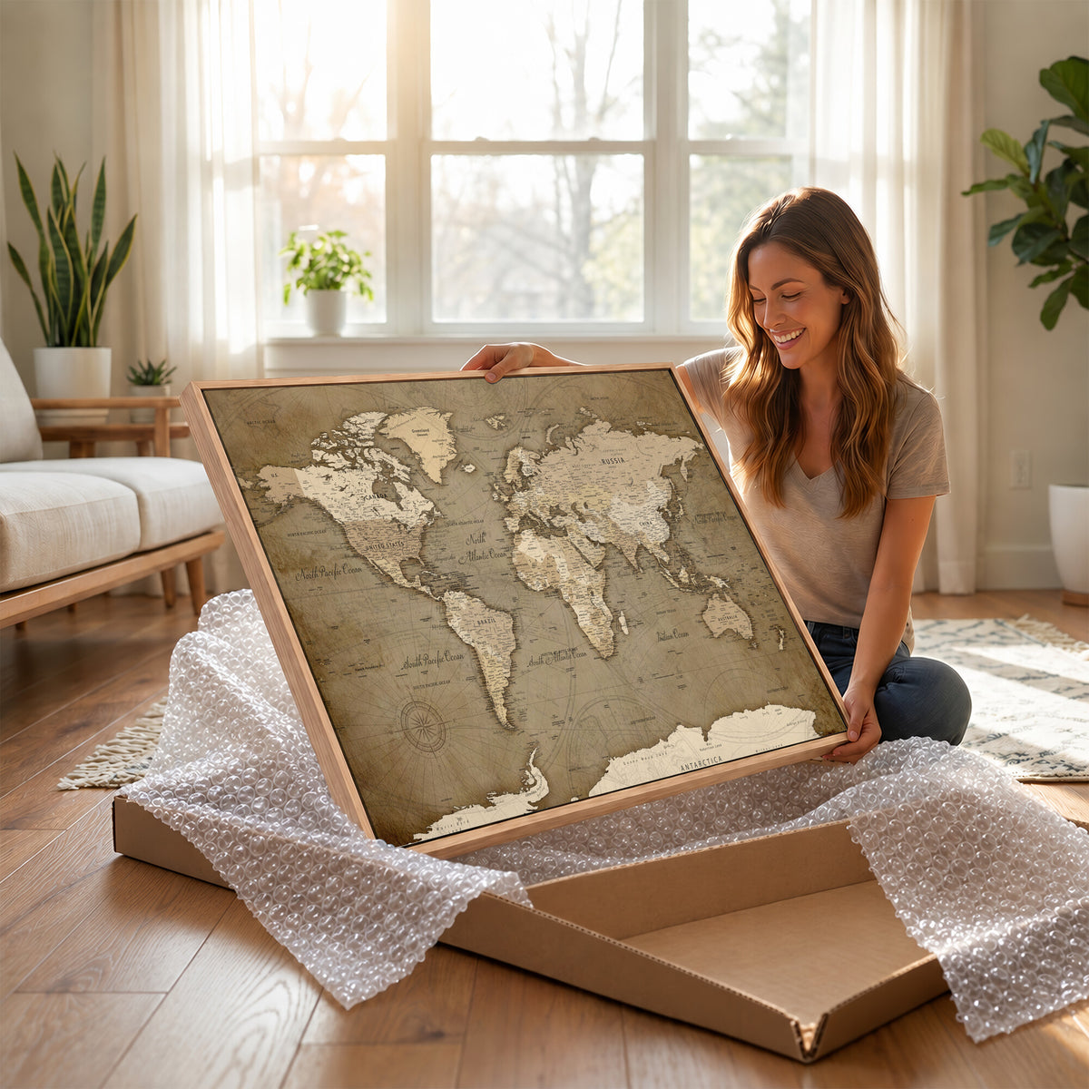 82314635-MGV-CV-36X24 - World Map Wall Art Canvas Print, Modern Decorative Framed Map Artwork Prints for Living Room, Office, Bedroom Wall Decor
