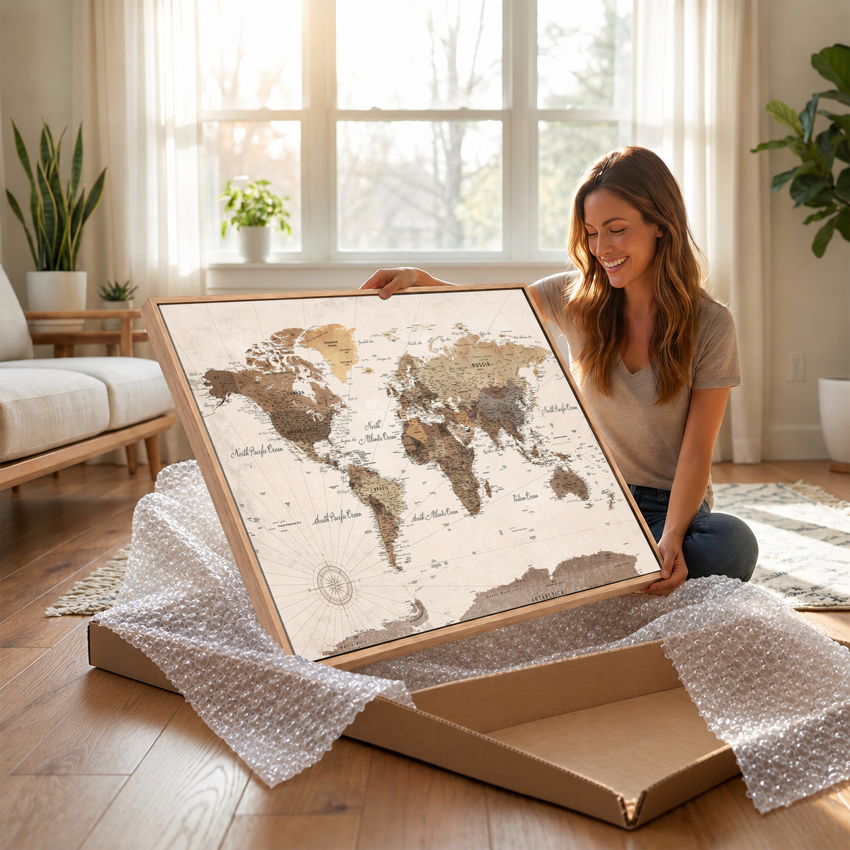 69860078-MGV-CV-36X24 - World Map Wall Art Canvas Print, Modern Decorative Framed Map Artwork Prints for Living Room, Office, Bedroom Wall Decor